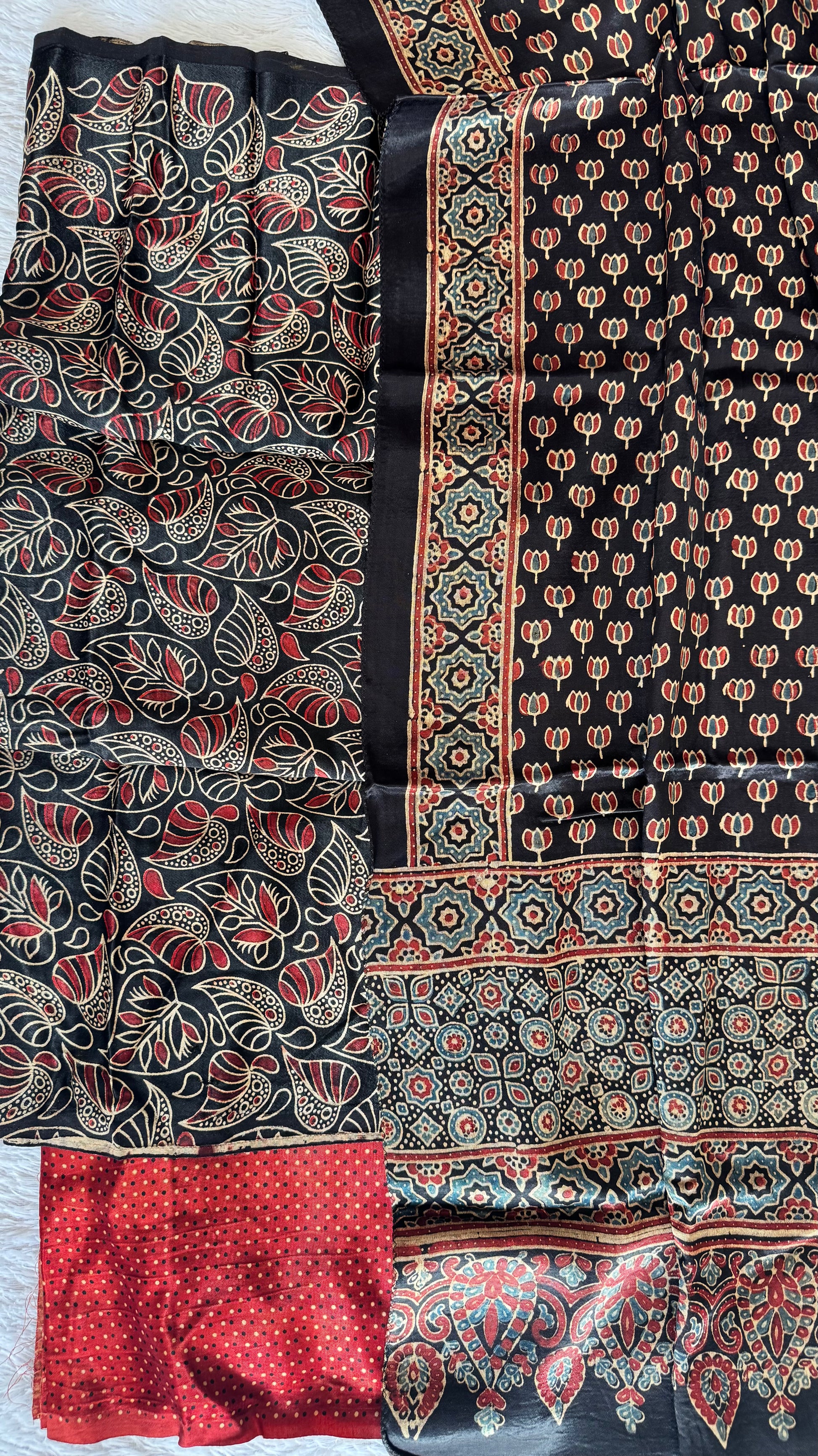 Mashru Pattern Black Leaf Jaal Motif Mashru 3 pc Suit Set with Ajrakh Mashru Tasseled ...