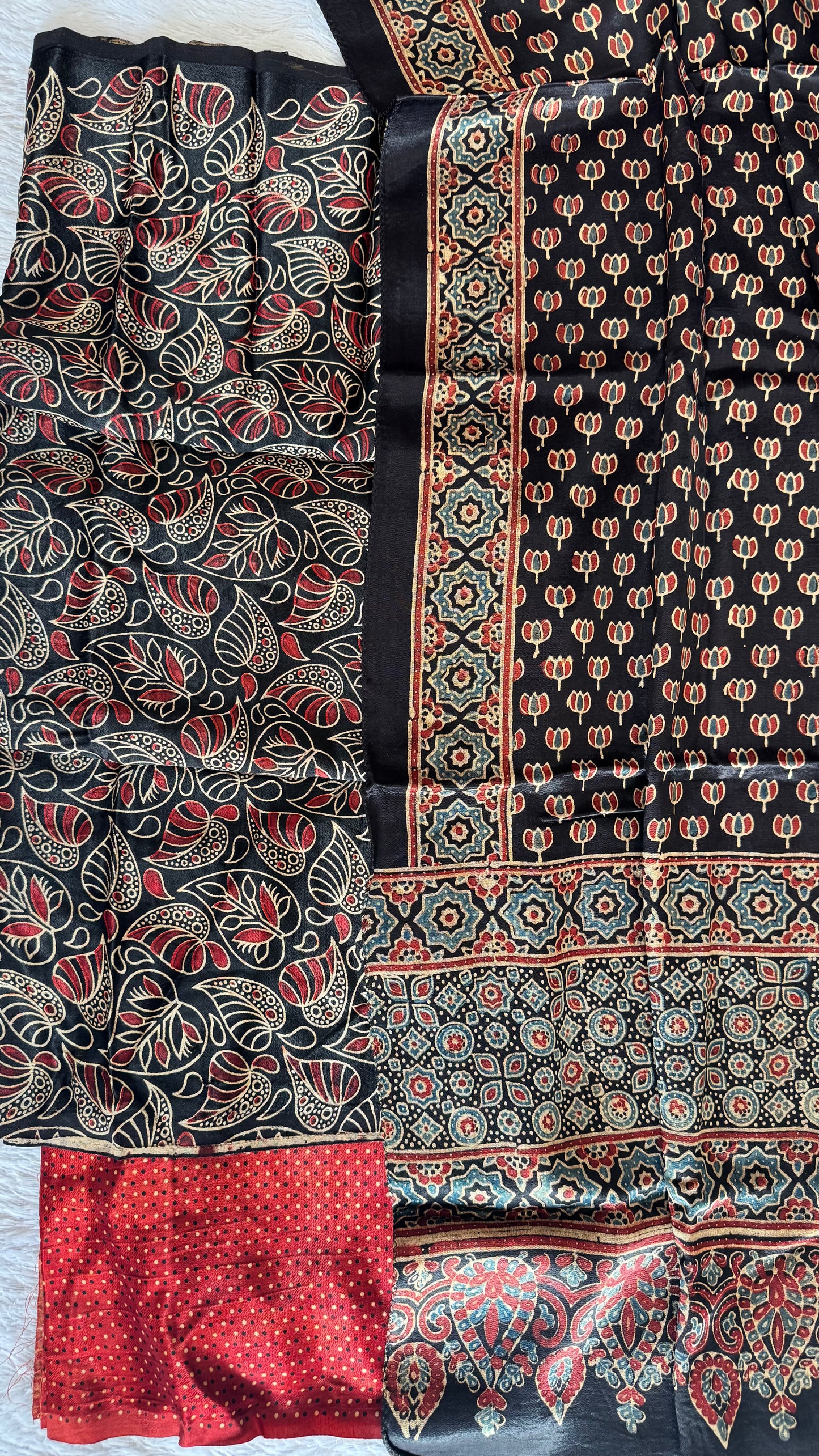 Black Leaf Jaal Motif Mashru 3 pc Suit Set with Ajrakh Mashru Tasseled Silk Stole