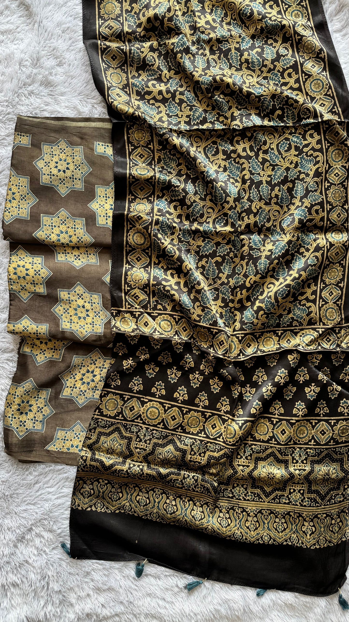 Coffee Brown Symmetrical Flower Motif Mashru Kurta fabric with Ajrakh Mashru Tasseled Silk Stole