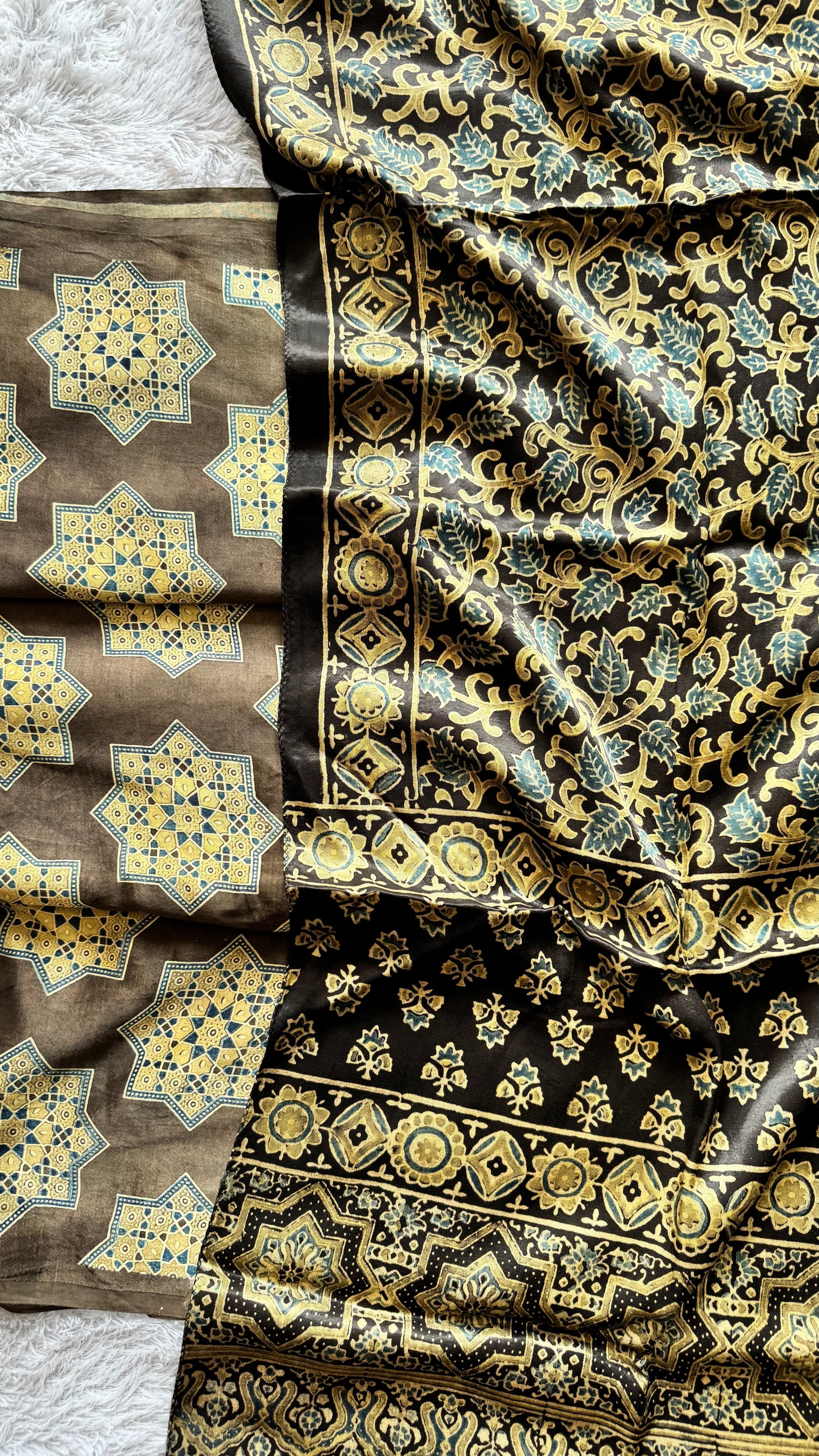 Coffee Brown Symmetrical Flower Motif Mashru Kurta fabric with Ajrakh Mashru Tasseled Silk Stole
