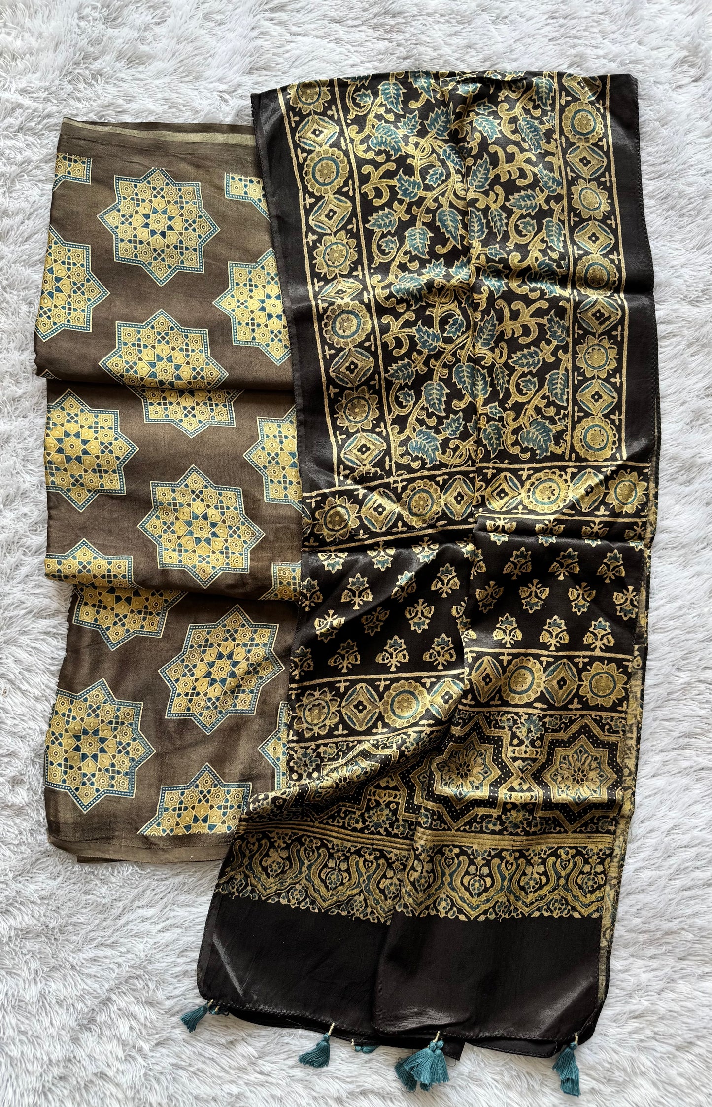 Coffee Brown Symmetrical Flower Motif Mashru Kurta fabric with Ajrakh Mashru Tasseled Silk Stole