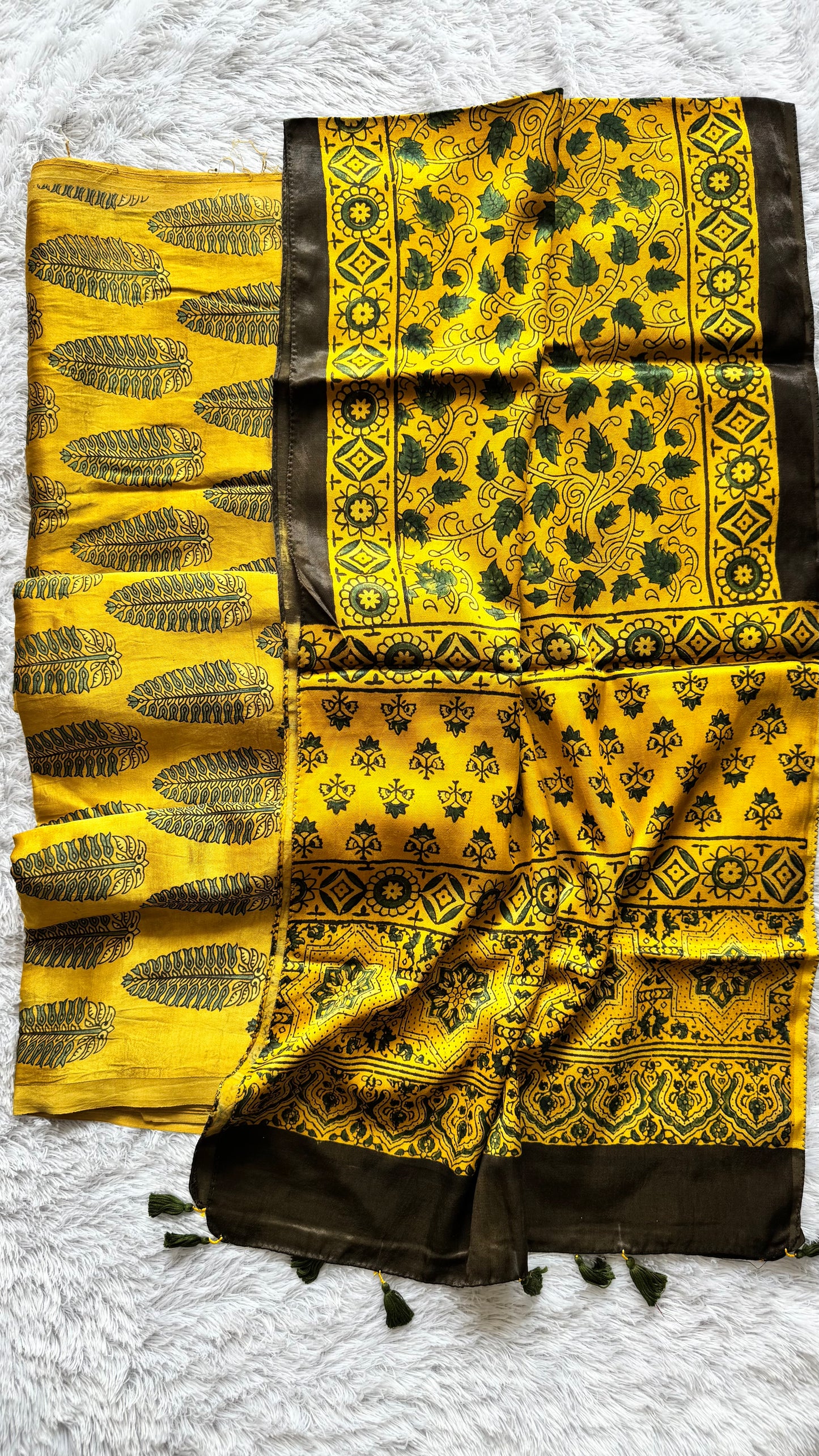 Haldi Yellow Leaf Motif Mashru Kurta fabric with Ajrakh Mashru Tasseled Silk Stole