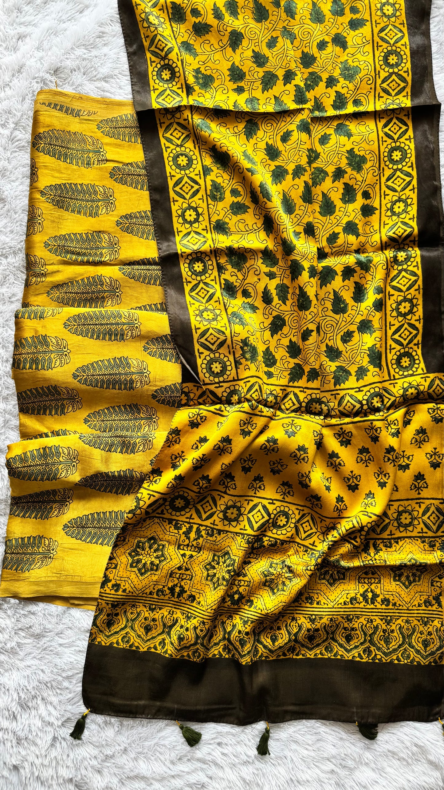 Haldi Yellow Leaf Motif Mashru Kurta fabric with Ajrakh Mashru Tasseled Silk Stole