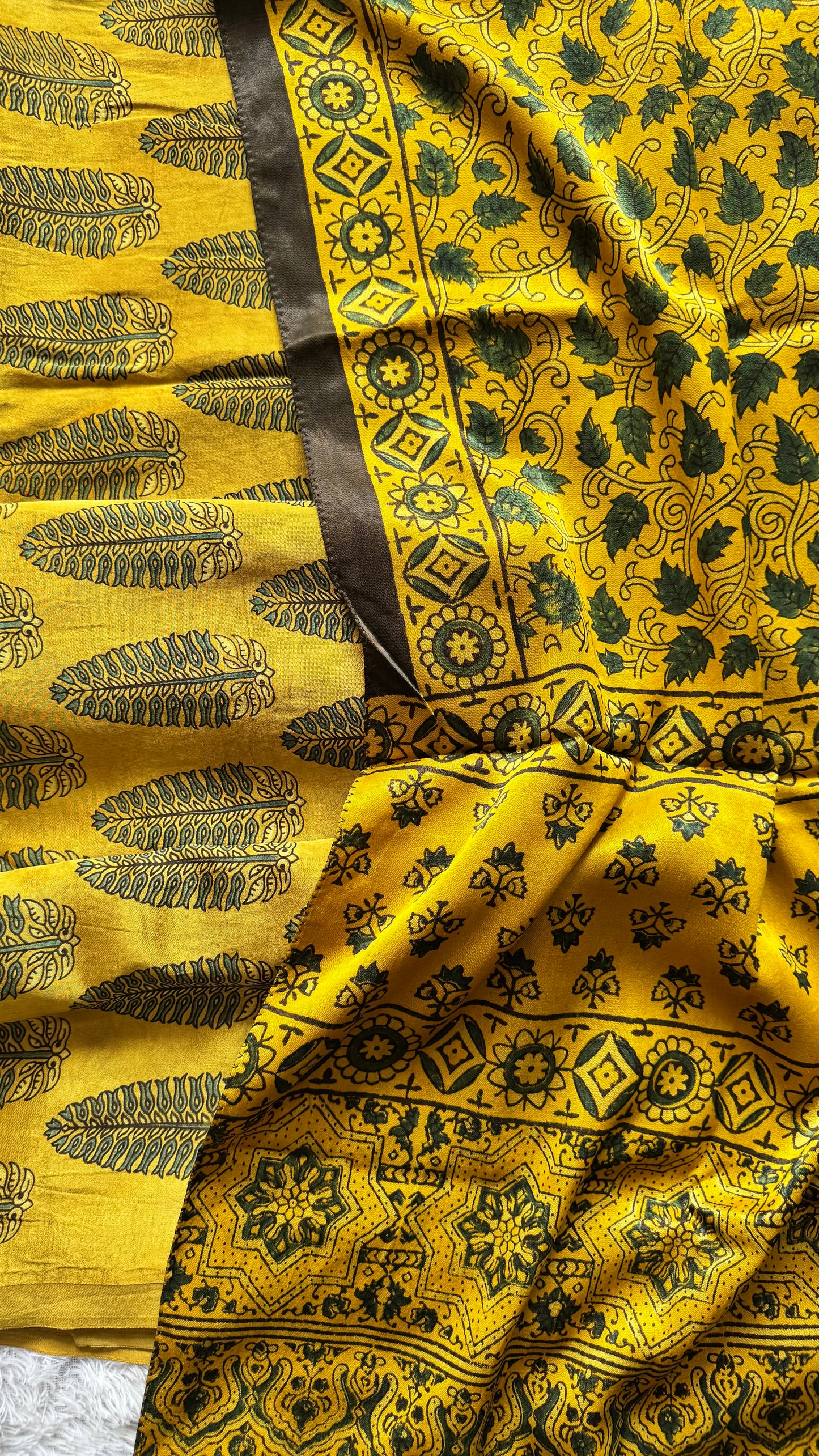 Haldi Yellow Leaf Motif Mashru Kurta fabric with Ajrakh Mashru Tasseled Silk Stole