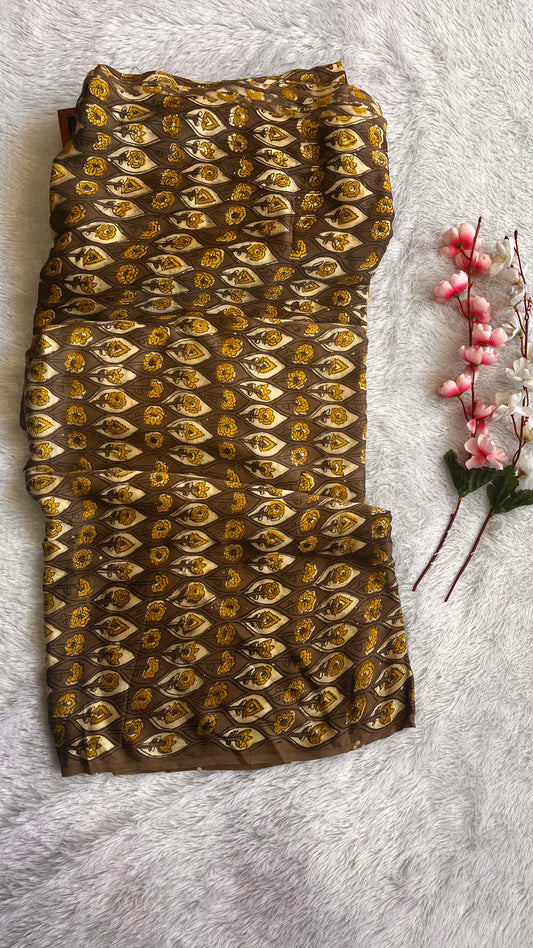 Light Coffee Brown Tulip Motif Vanaspati Hand Block Print Pure Modal Silk Fabric