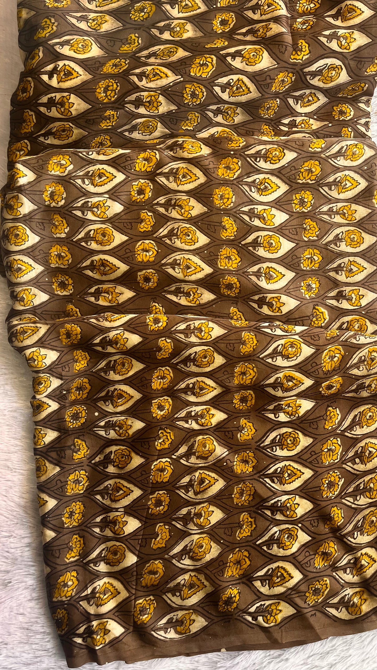 Light Coffee Brown Tulip Motif Vanaspati Hand Block Print Pure Modal Silk Fabric