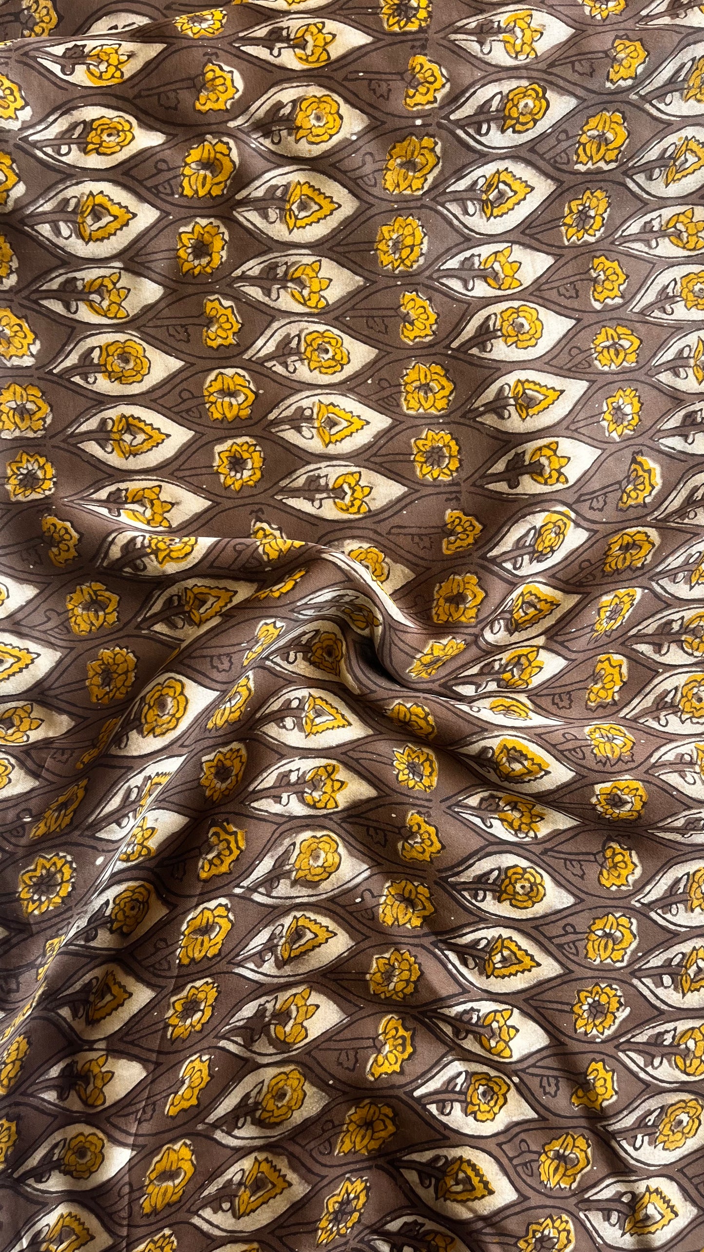 Light Coffee Brown Tulip Motif Vanaspati Hand Block Print Pure Modal Silk Fabric