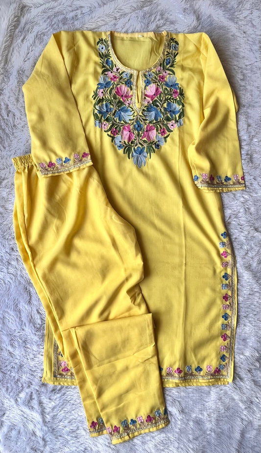 Yellow Rayon Cotton Kashmiri Hand Embroidery Co Ord Set ( Size 38, 40)