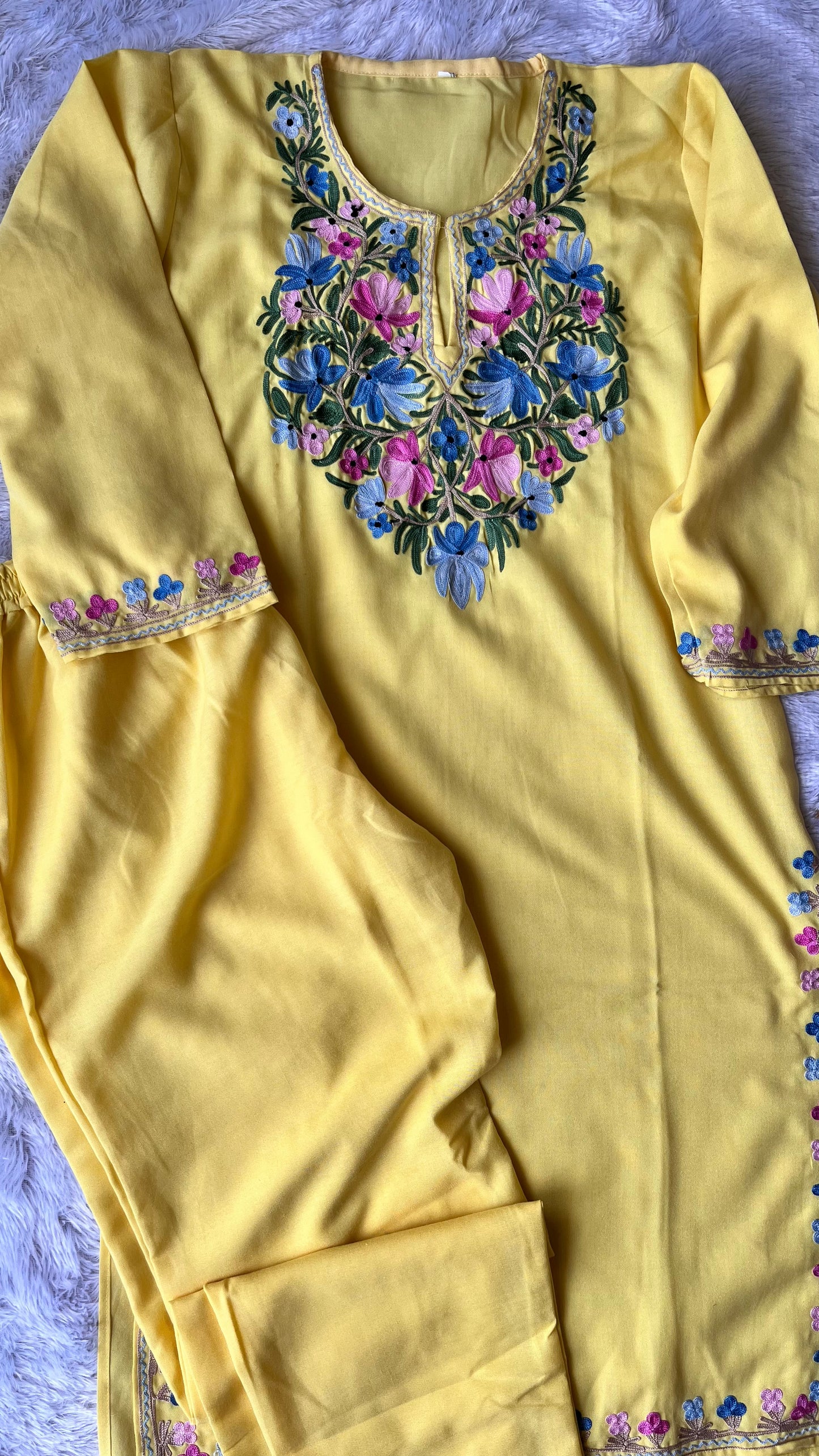 Yellow Rayon Cotton Kashmiri Hand Embroidery Co Ord Set ( Size 38, 40)
