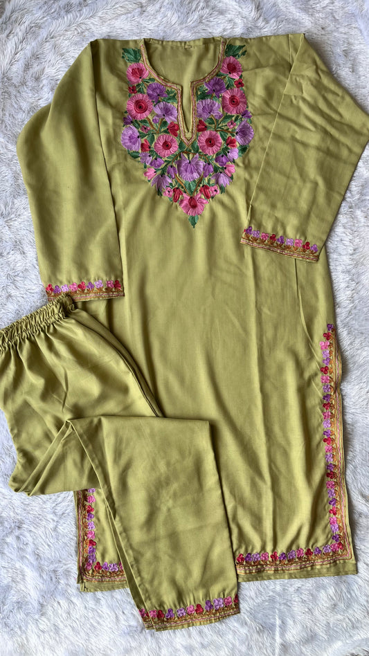 Mehendi Green Rayon Cotton Kashmiri Hand Embroidery Co Ord Set ( Size 38, 40)