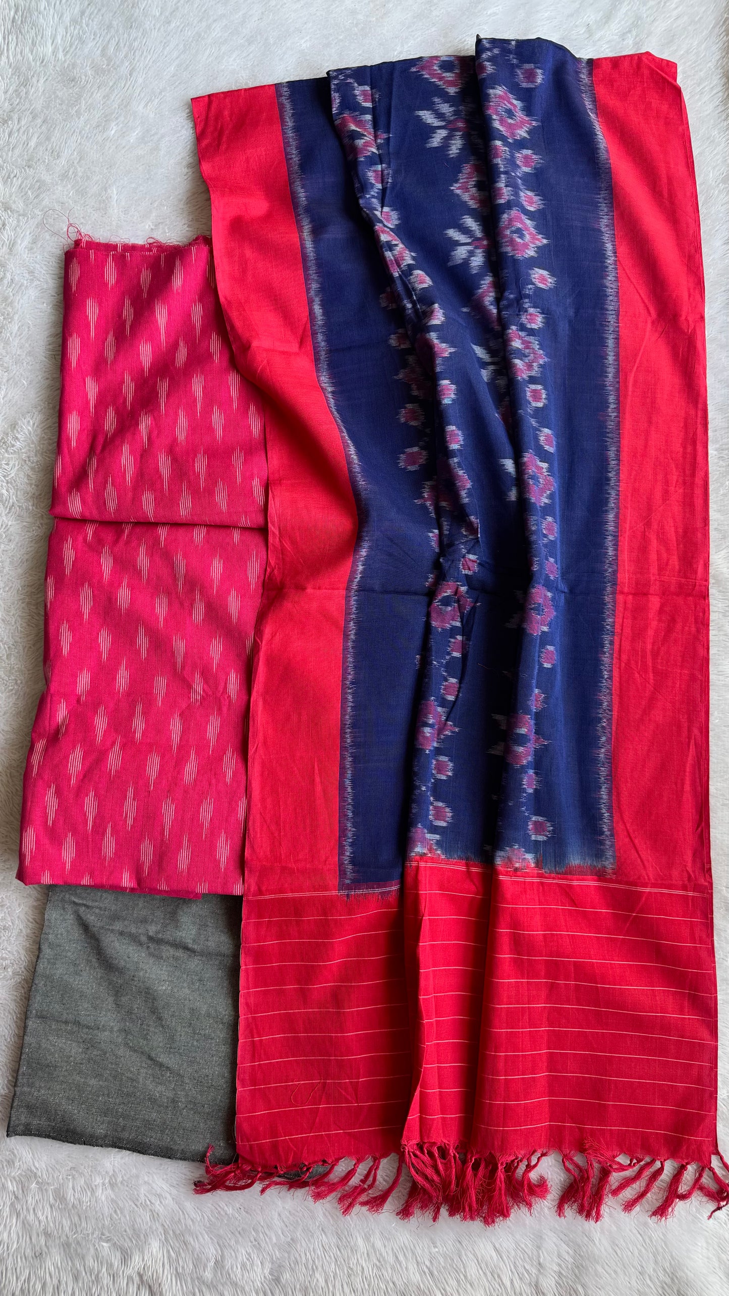 Pink and Blue Unstitched Handloom Cotton Pochampally Ikkat Dress Material
