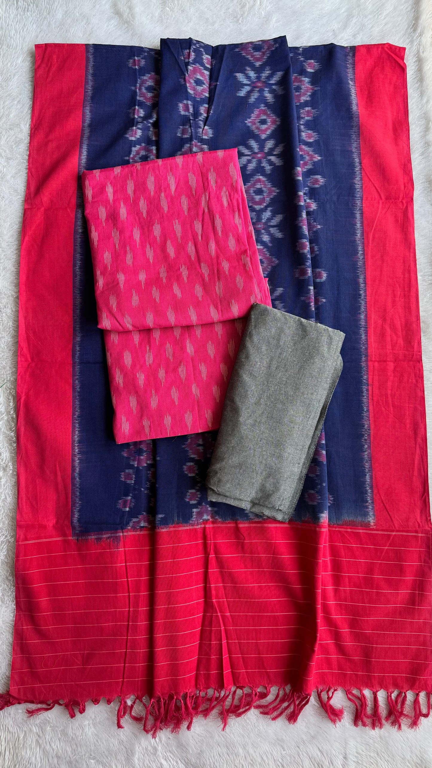 Pink and Blue Unstitched Handloom Cotton Pochampally Ikkat Dress Material