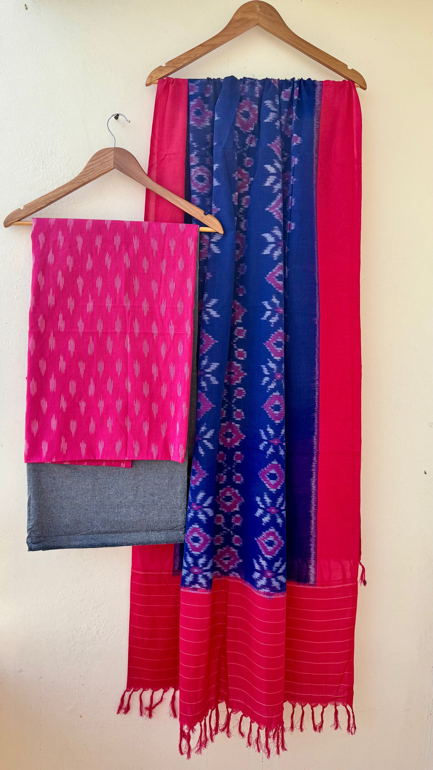 Pink and Blue Unstitched Handloom Cotton Pochampally Ikkat Dress Material