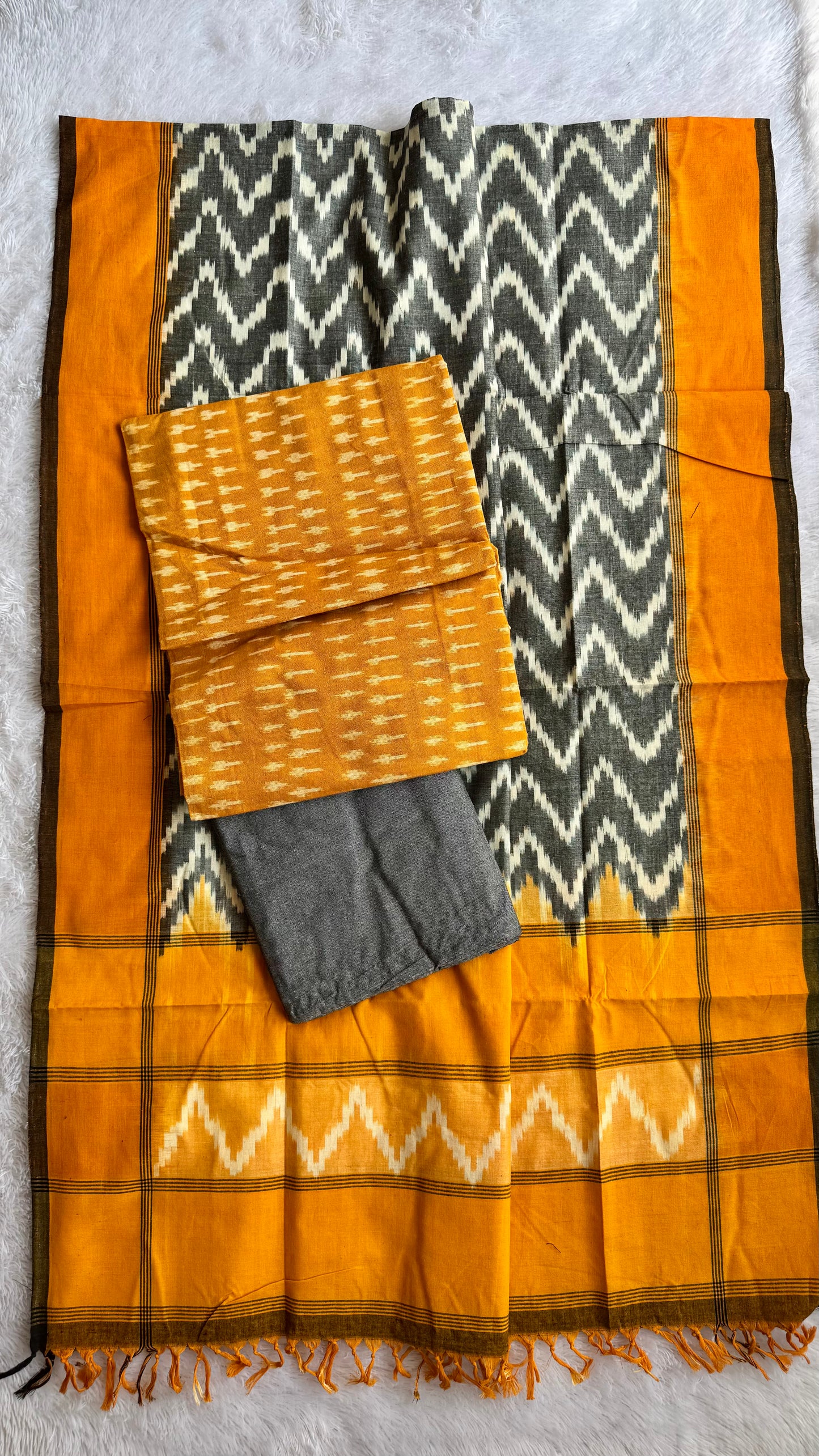 Mustard and Grey Unstitched Handloom Cotton Pochampally Ikkat Dress Material