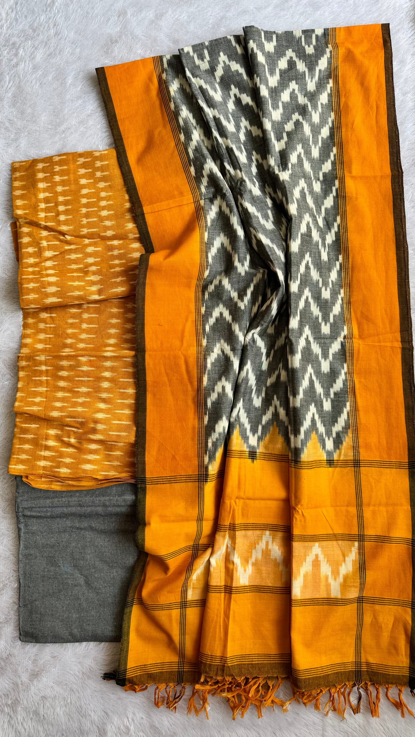 Mustard and Grey Unstitched Handloom Cotton Pochampally Ikkat Dress Material