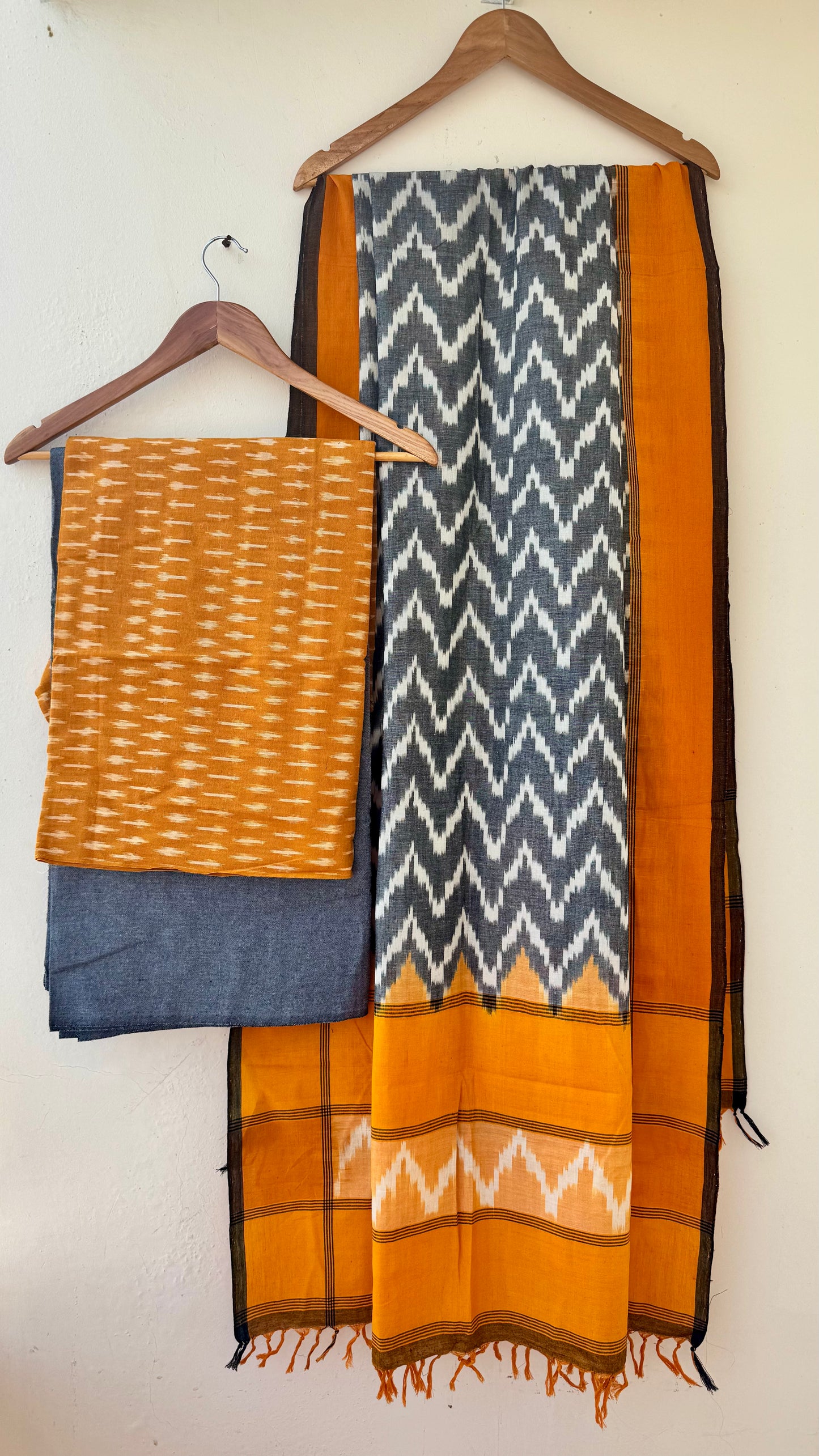 Mustard and Grey Unstitched Handloom Cotton Pochampally Ikkat Dress Material