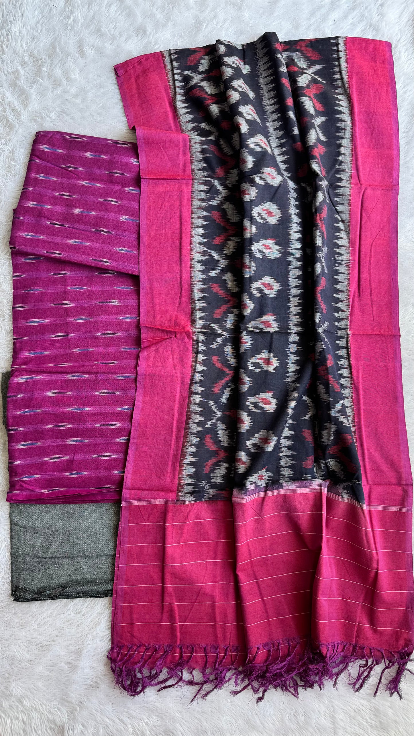 Pink and Black Unstitched Handloom Cotton Pochampally Ikkat Dress Material