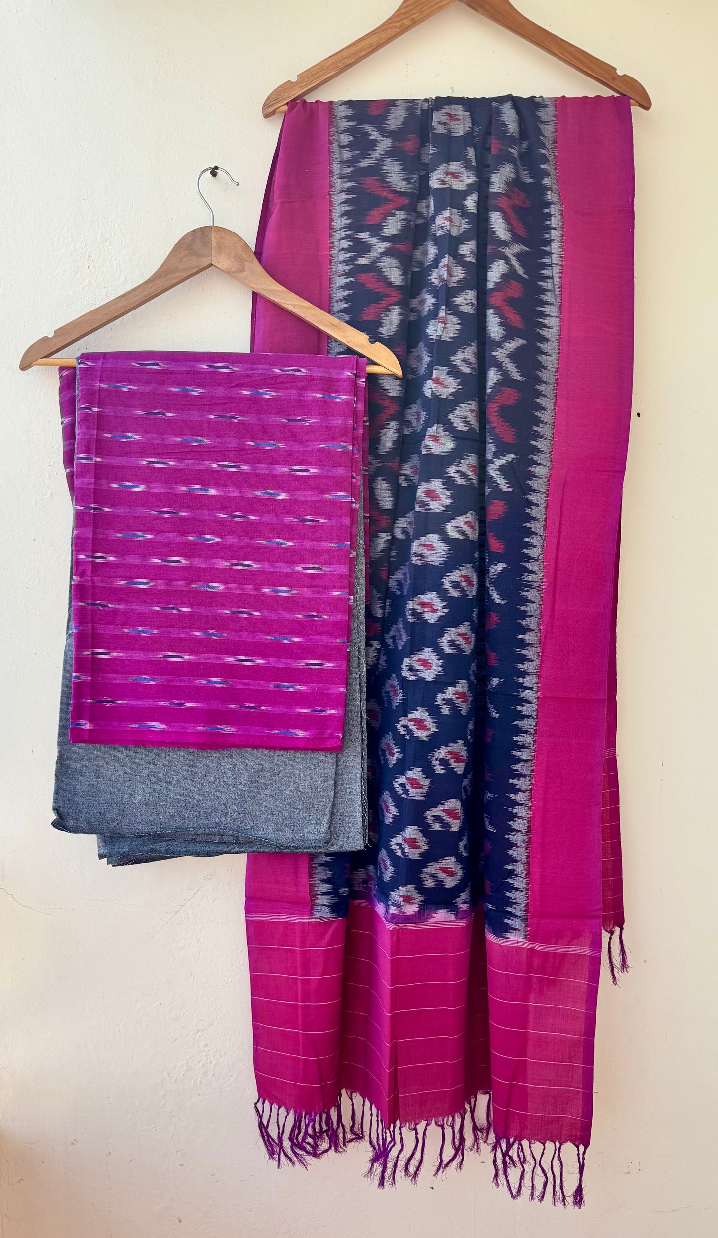 Pink and Black Unstitched Handloom Cotton Pochampally Ikkat Dress Material