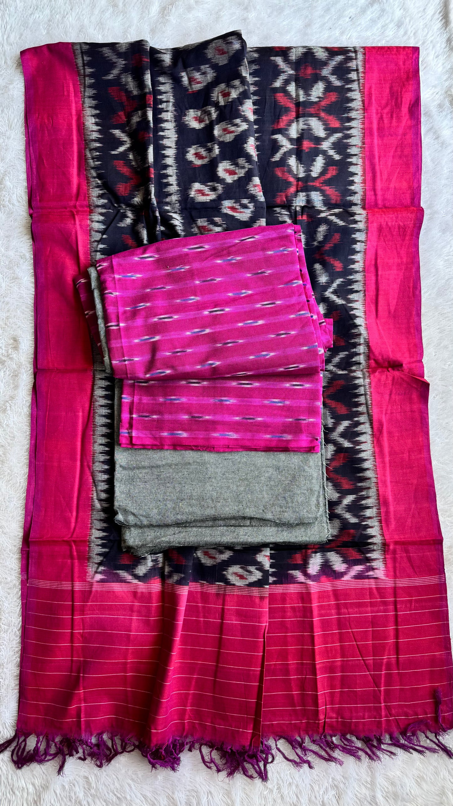 Pink and Black Unstitched Handloom Cotton Pochampally Ikkat Dress Material