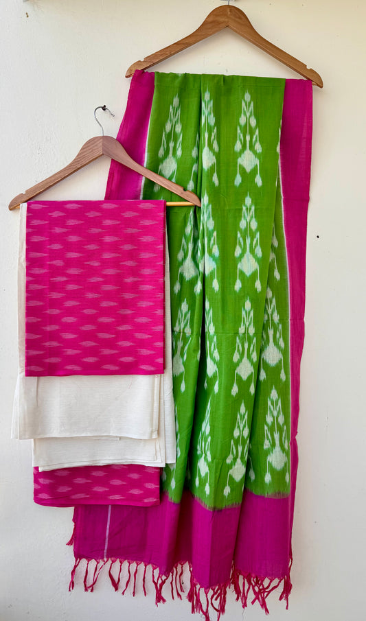 Pink and Green Unstitched Handloom Cotton Pochampally Ikkat Dress Material