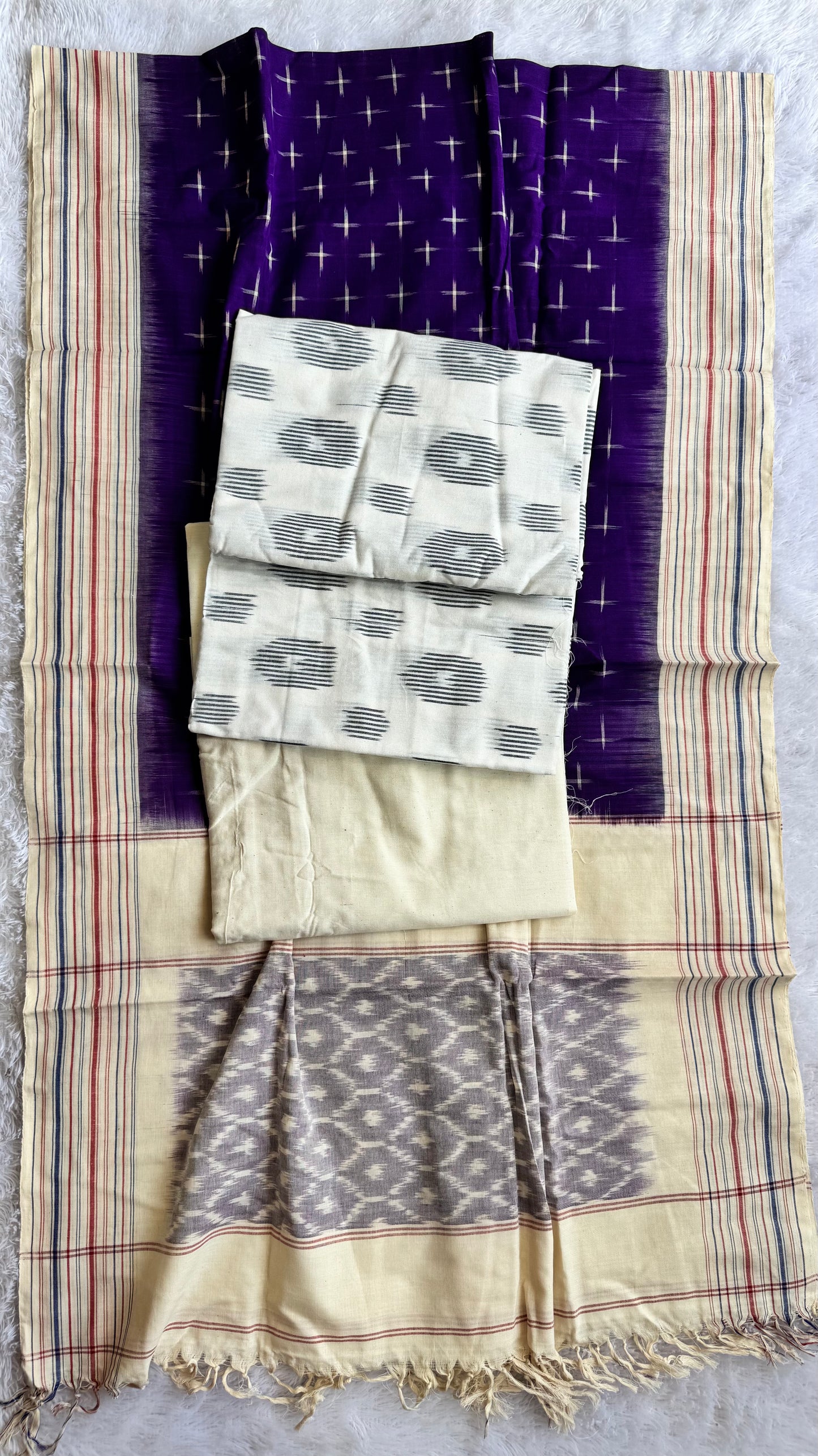 Off White and Purple Unstitched Handloom Cotton Pochampally Ikkat Dress Material