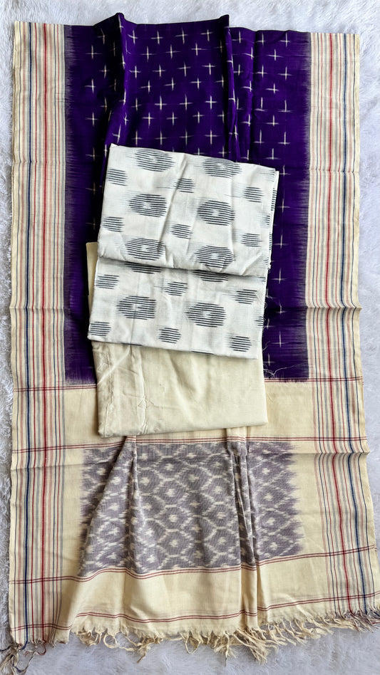 Off White and Purple Unstitched Handloom Cotton Pochampally Ikkat Dress Material