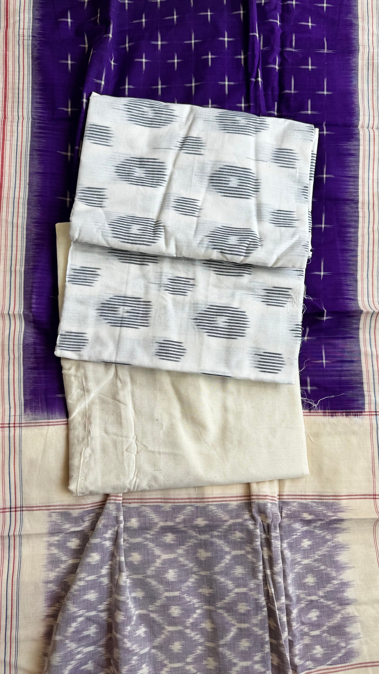 Off White and Purple Unstitched Handloom Cotton Pochampally Ikkat Dress Material