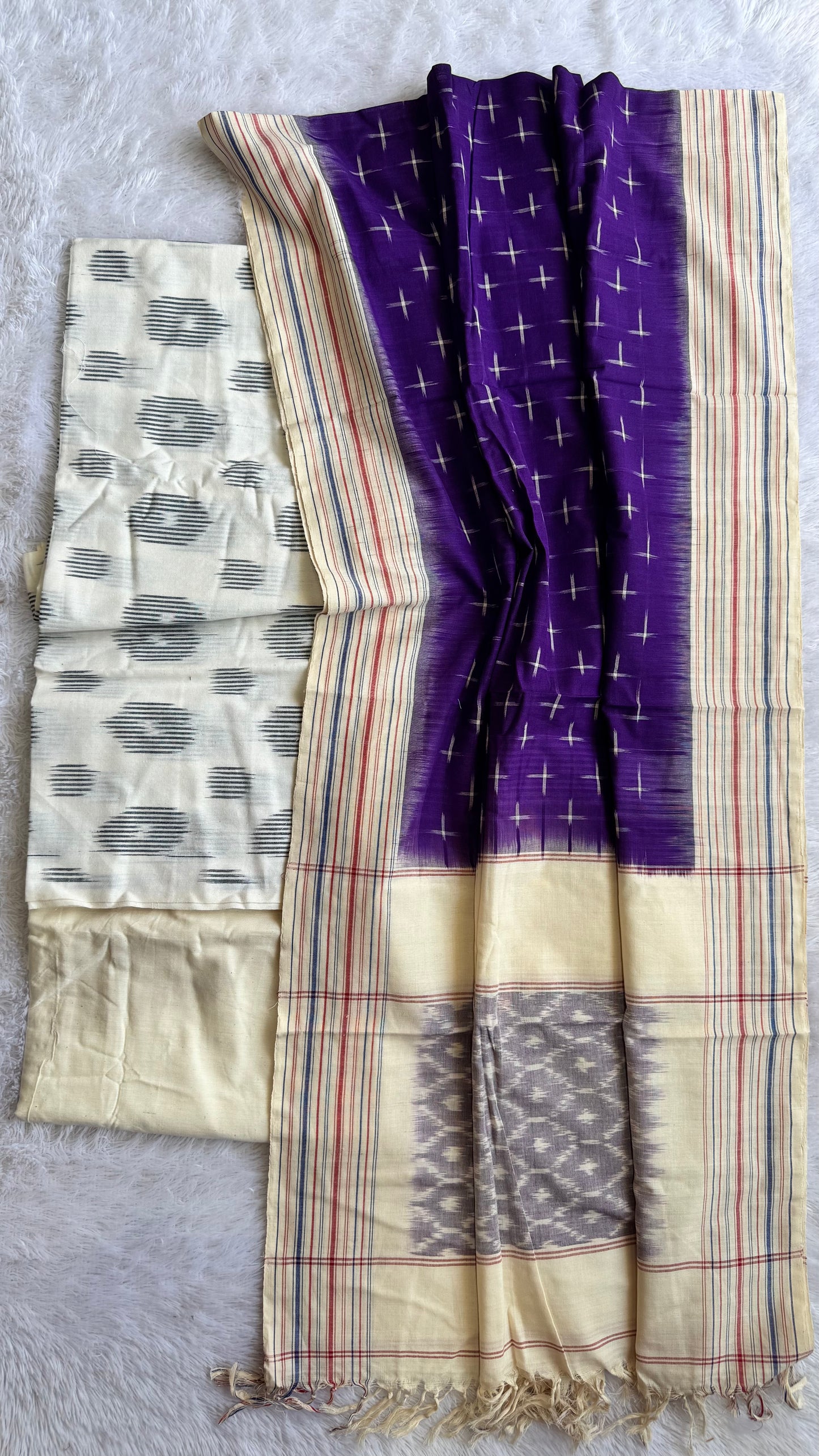 Off White and Purple Unstitched Handloom Cotton Pochampally Ikkat Dress Material