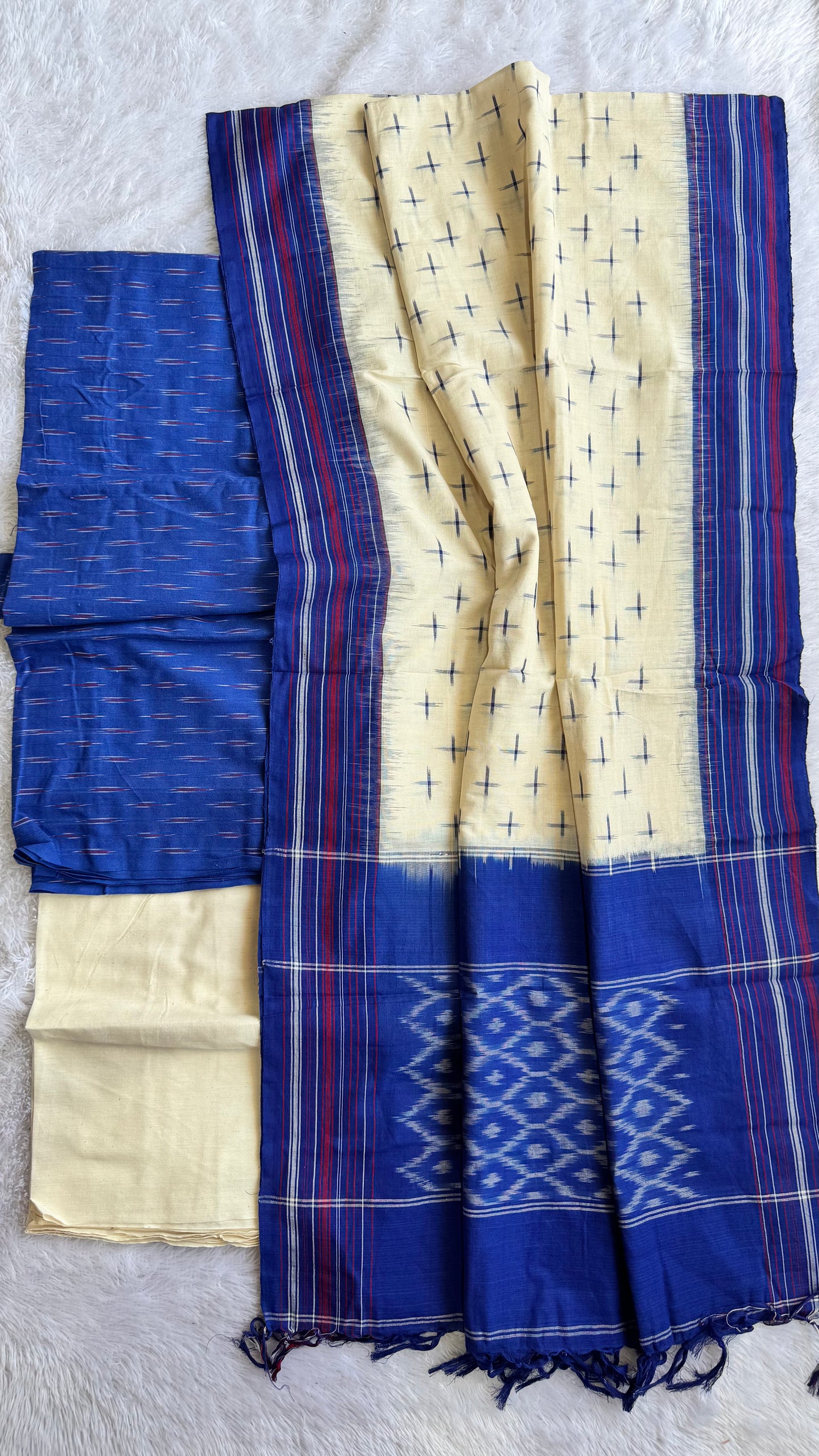 Blue and Off White Unstitched Handloom Cotton Pochampally Ikkat Dress Material