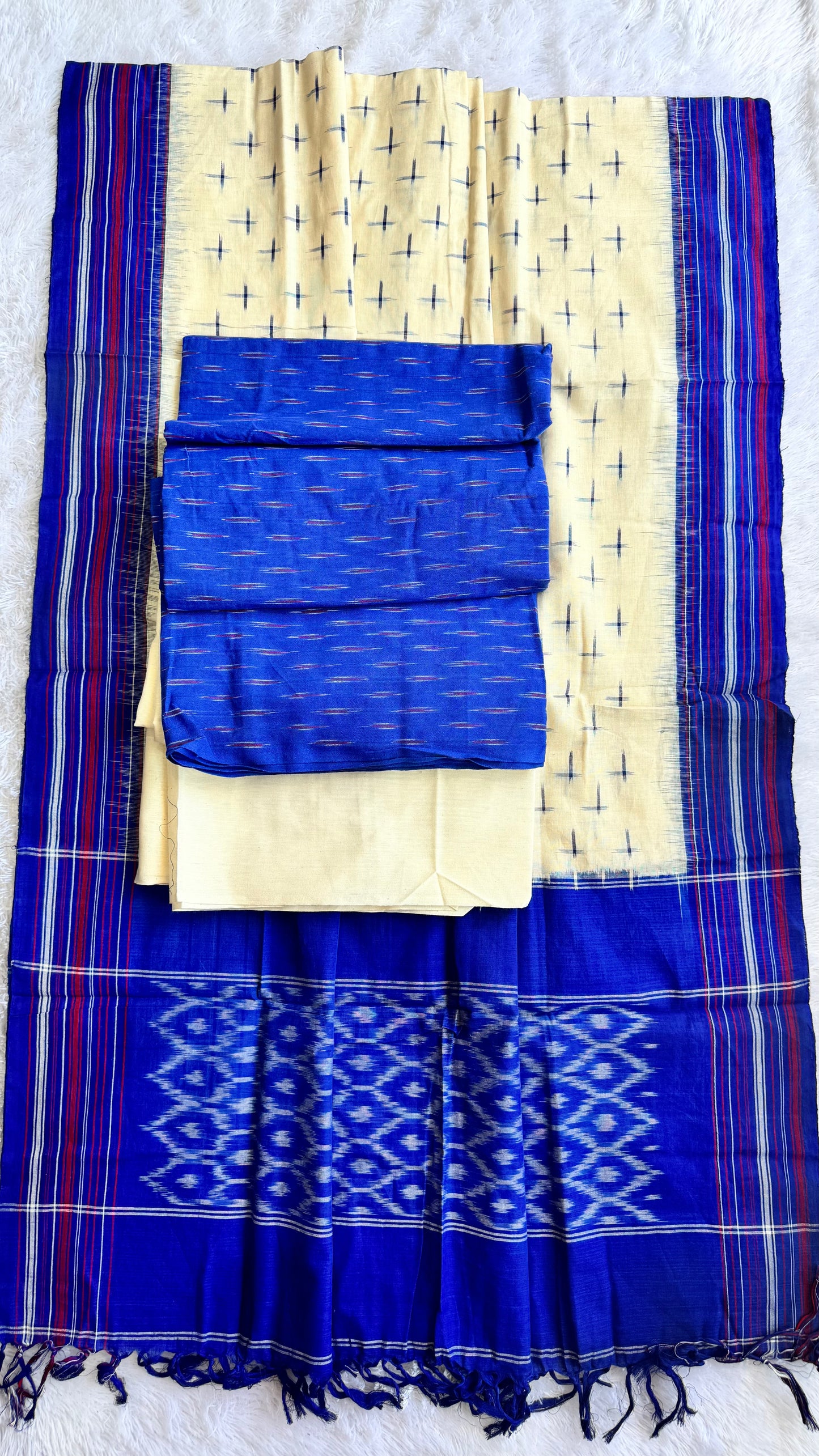 Blue and Off White Unstitched Handloom Cotton Pochampally Ikkat Dress Material