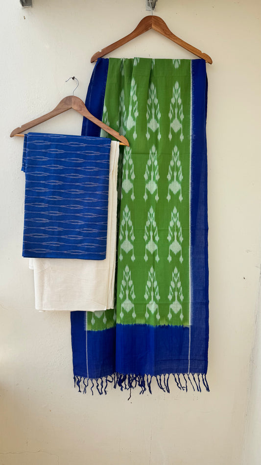 Blue and Green Unstitched Handloom Cotton Pochampally Ikkat Dress Material