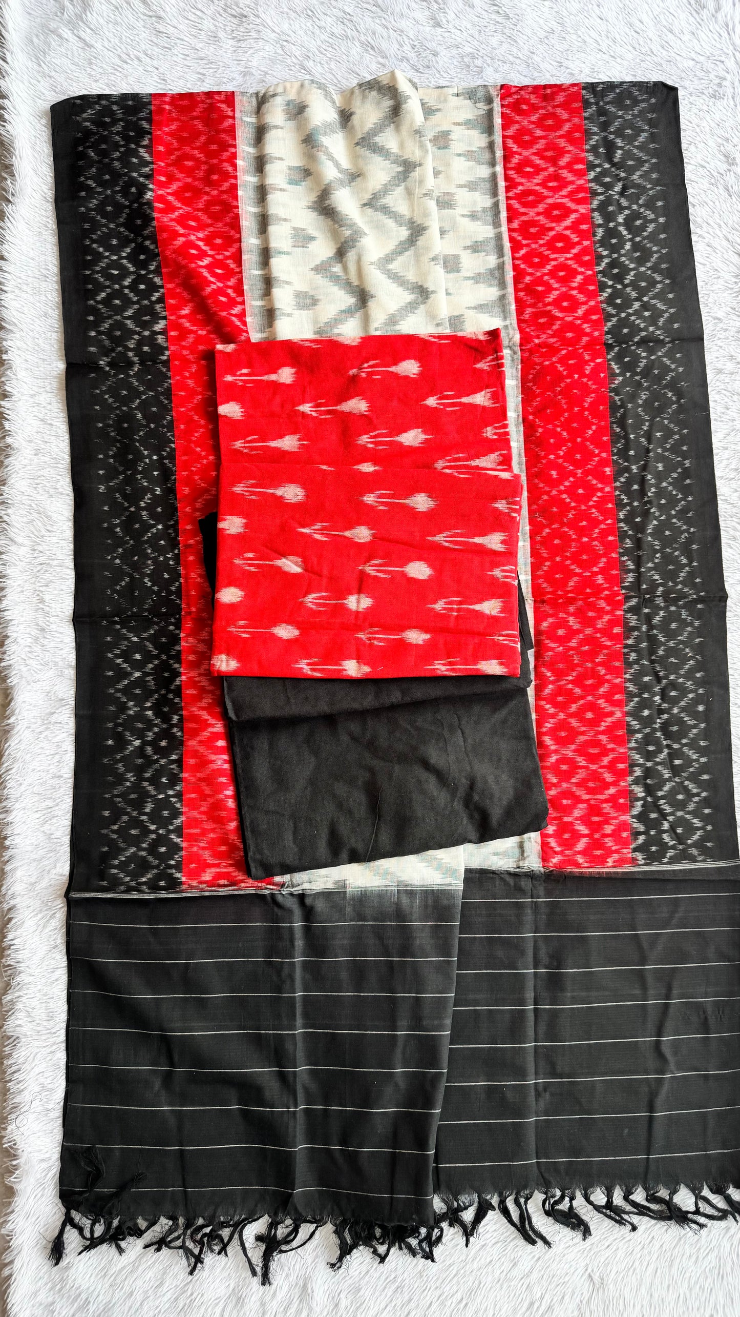 Black and Red Abstarct Booti Motif Ajrakh Unstitched Pure Cotton Suit Set with Cotton Dupatta