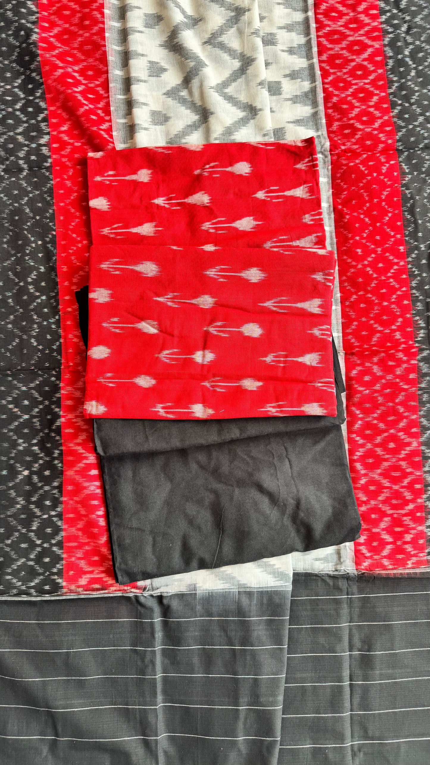 Black and Red Abstarct Booti Motif Ajrakh Unstitched Pure Cotton Suit Set with Cotton Dupatta