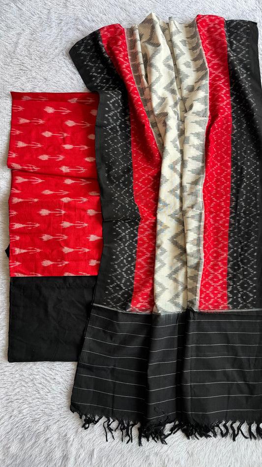 Black and Red Abstarct Booti Motif Ajrakh Unstitched Pure Cotton Suit Set with Cotton Dupatta