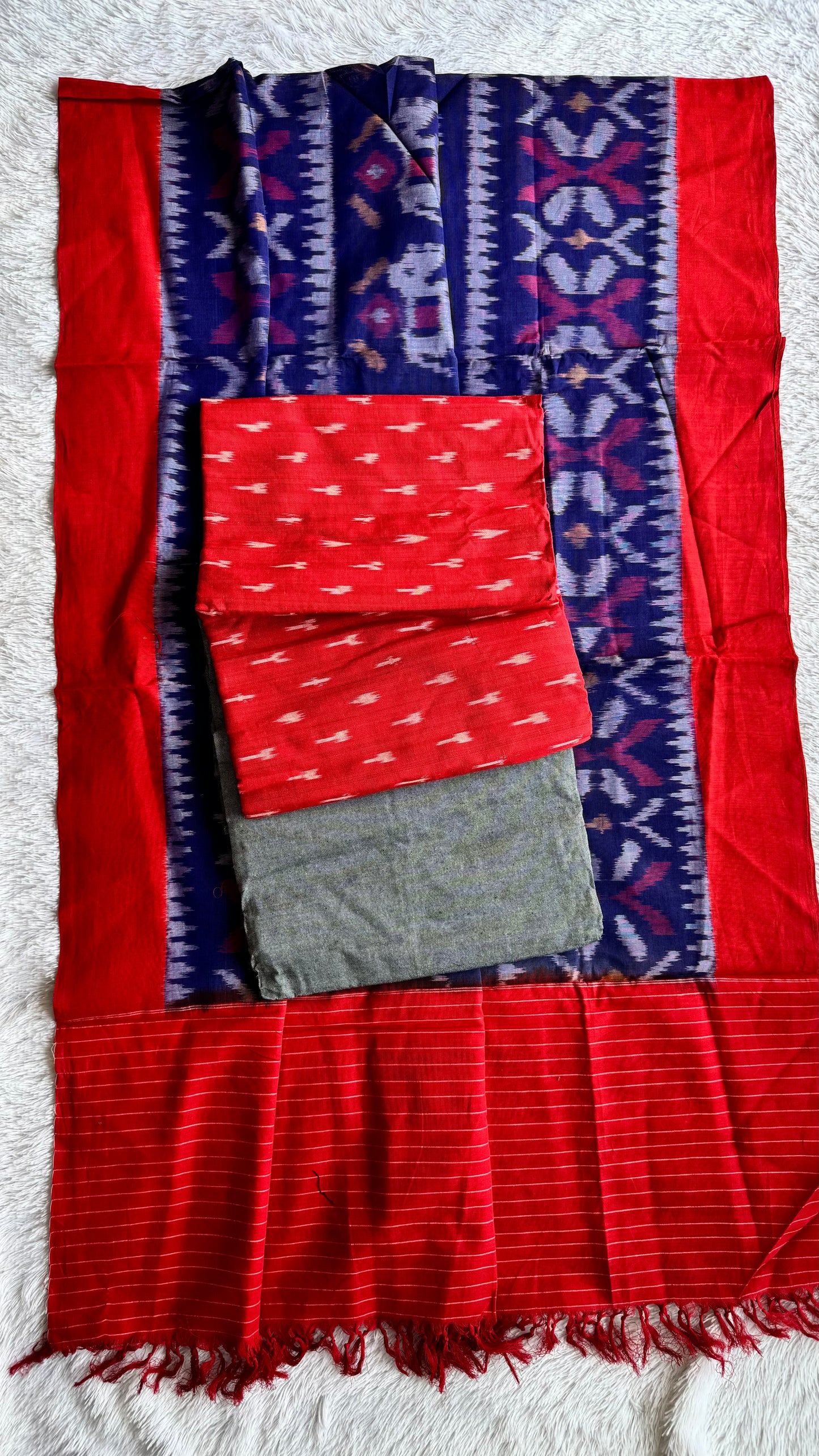 Red and Blue Unstitched Handloom Cotton Pochampally Ikkat Dress Material