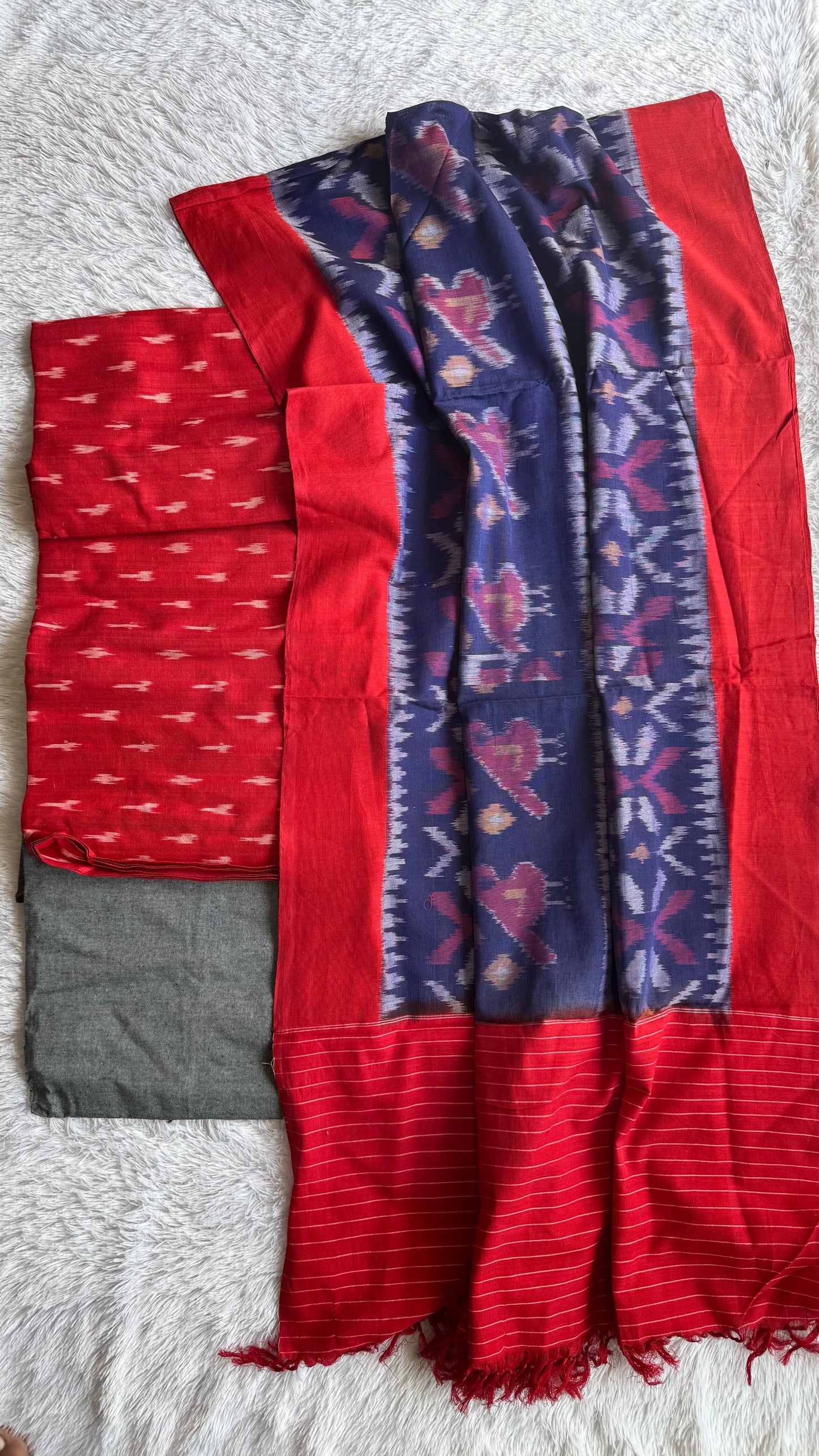 Red and Blue Unstitched Handloom Cotton Pochampally Ikkat Dress Material