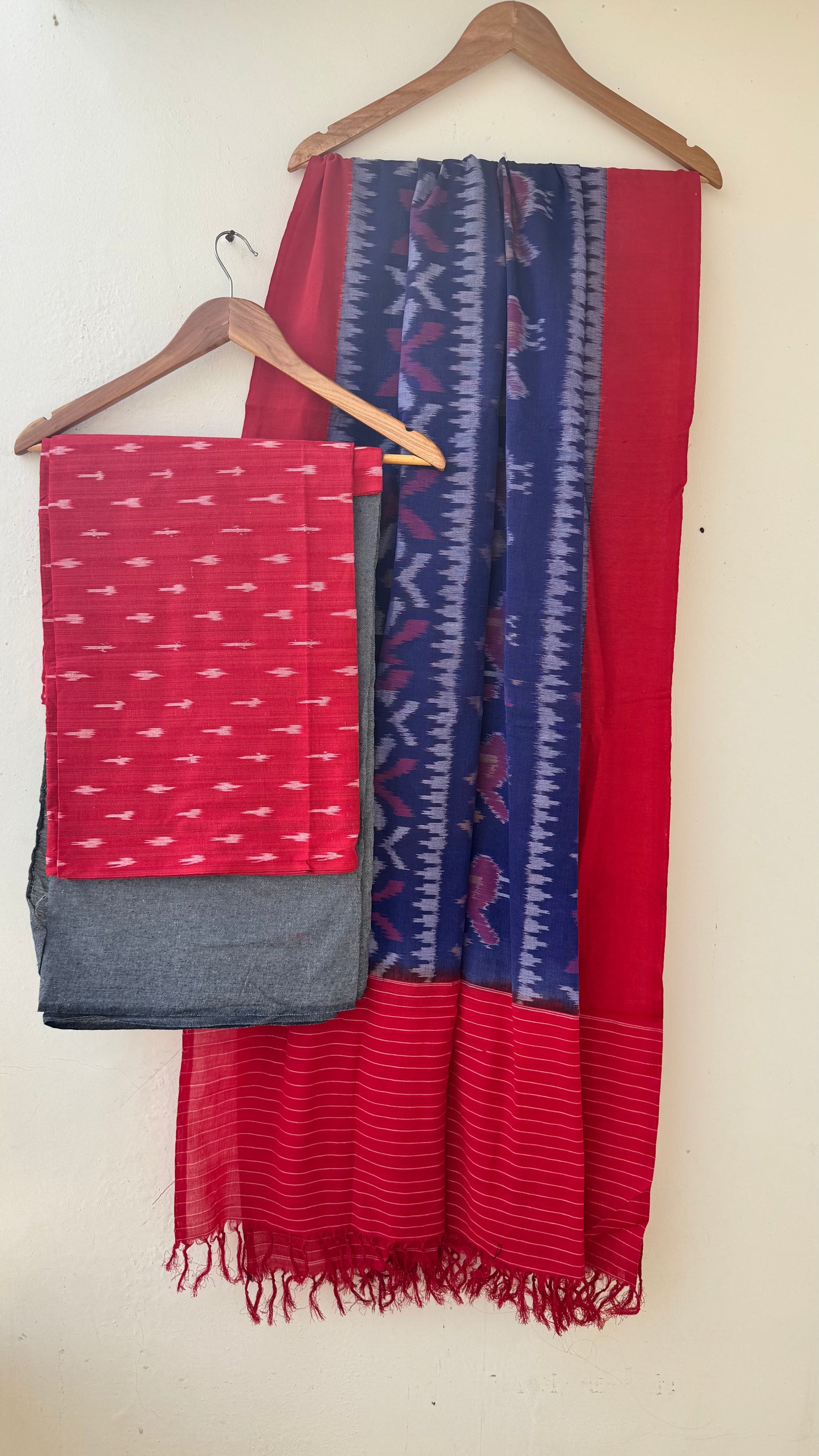 Red and Blue Unstitched Handloom Cotton Pochampally Ikkat Dress Material