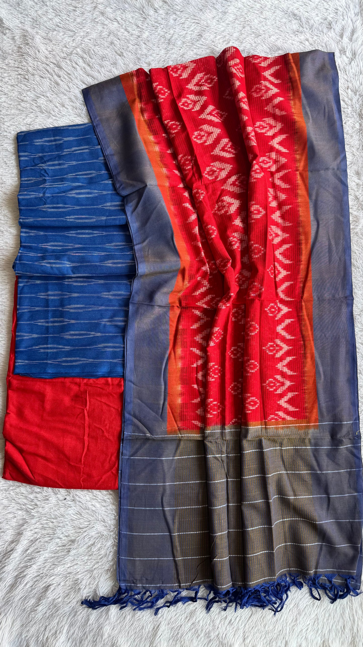 Navy Blue and Red Unstitched Handloom Cotton Pochampally Ikkat Dress Material
