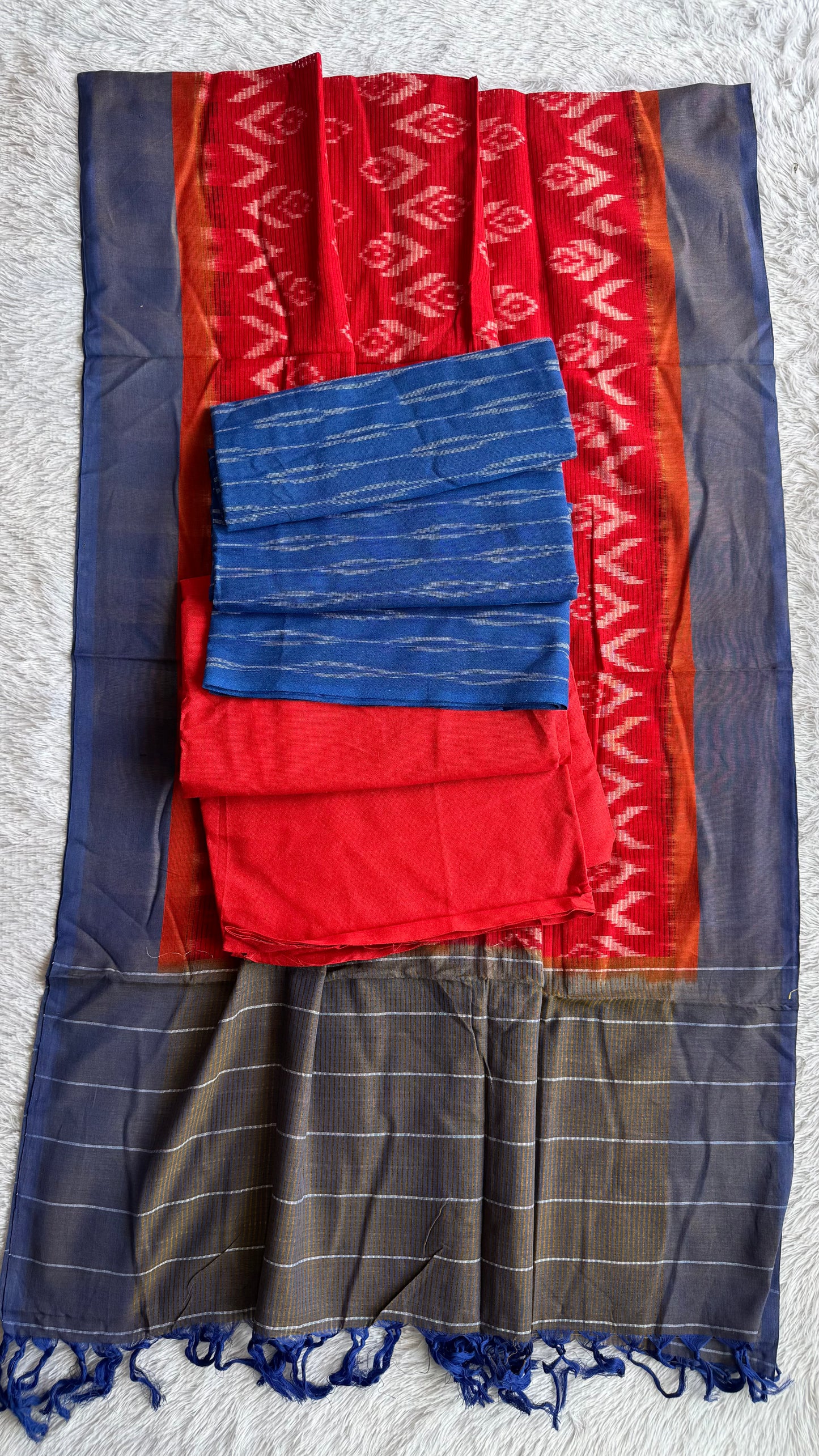 Navy Blue and Red Unstitched Handloom Cotton Pochampally Ikkat Dress Material