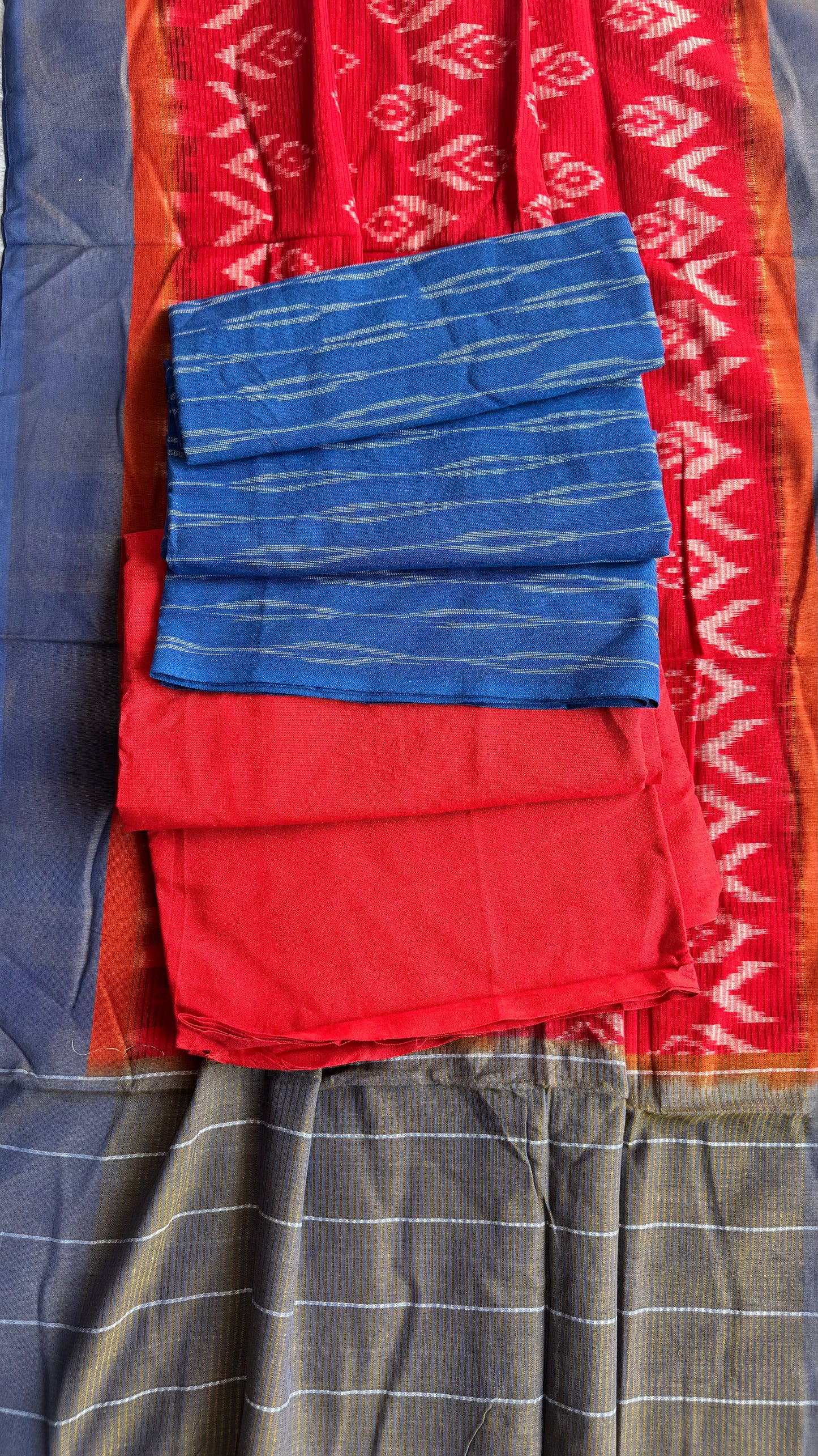 Navy Blue and Red Unstitched Handloom Cotton Pochampally Ikkat Dress Material