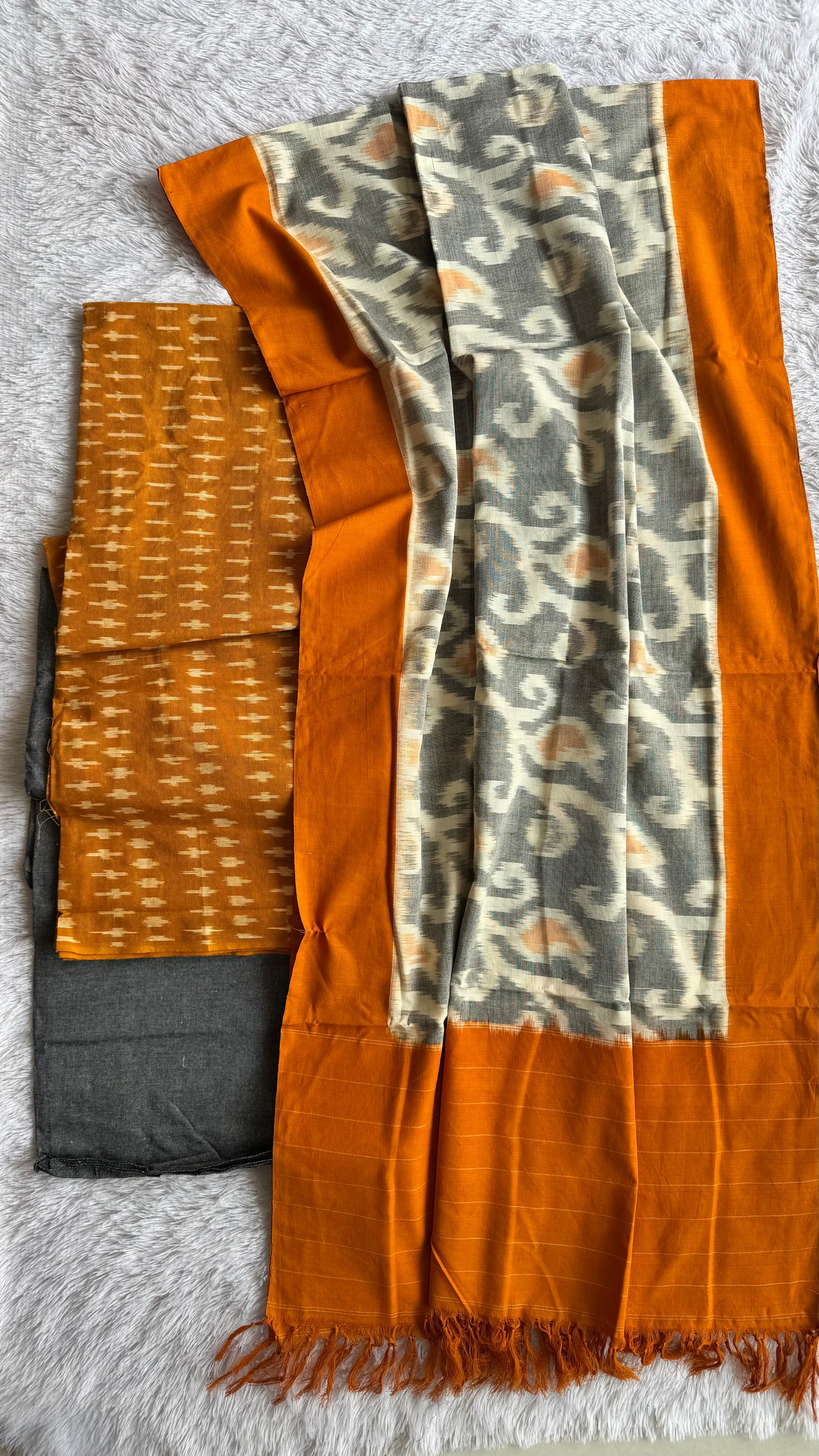 Mustard and Grey Unstitched Handloom Cotton Pochampally Ikkat Dress Material