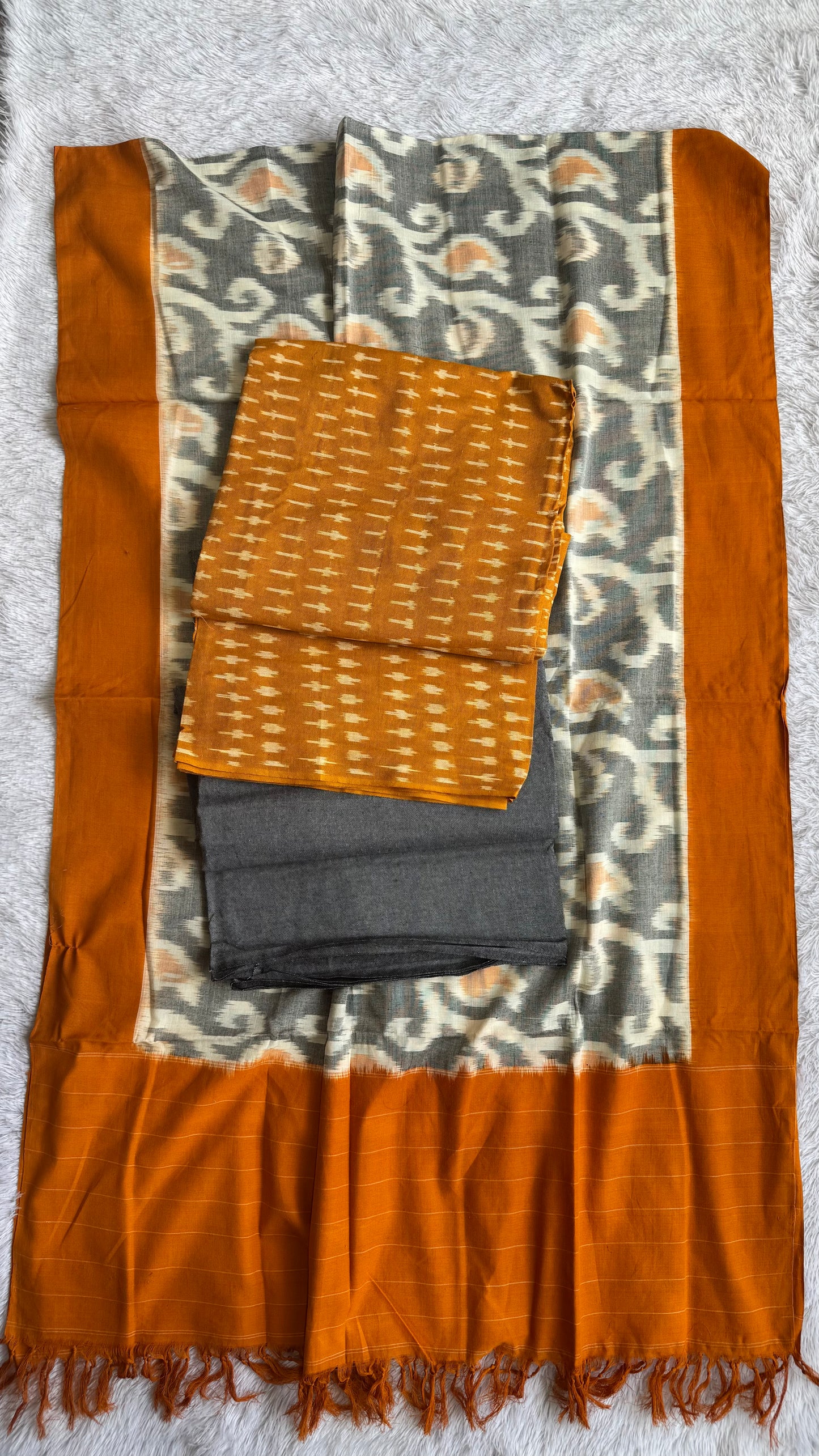 Mustard and Grey Unstitched Handloom Cotton Pochampally Ikkat Dress Material