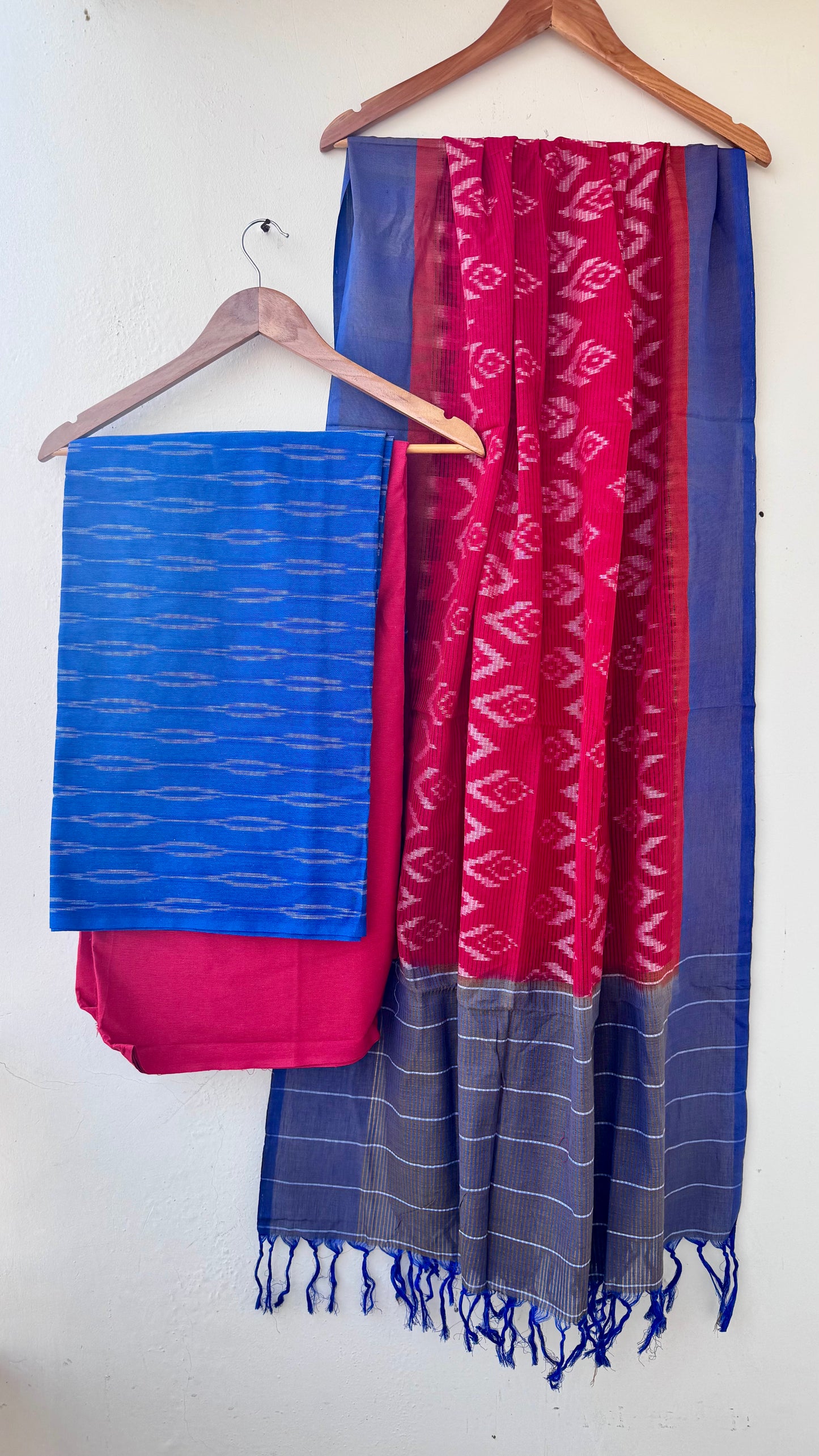 Navy Blue and Red Unstitched Handloom Cotton Pochampally Ikkat Dress Material