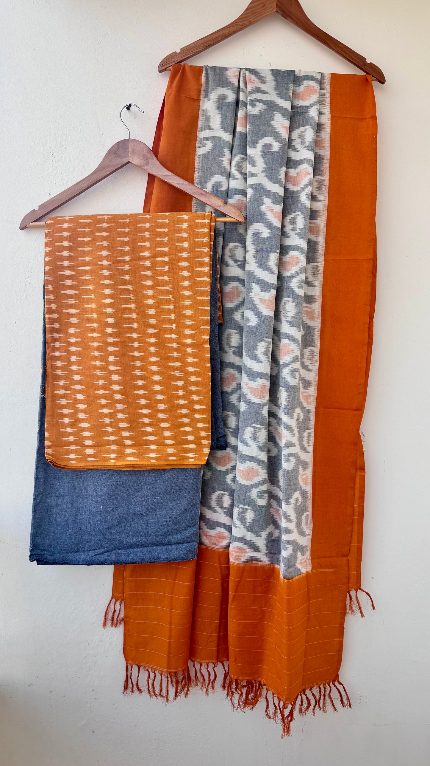 Mustard and Grey Unstitched Handloom Cotton Pochampally Ikkat Dress Material