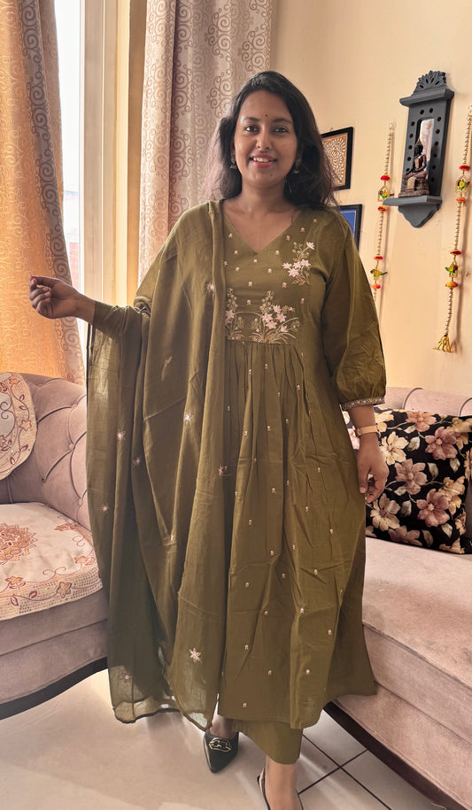 Green Floral Print Pure Cotton Suit Set with Embroidered Yoke