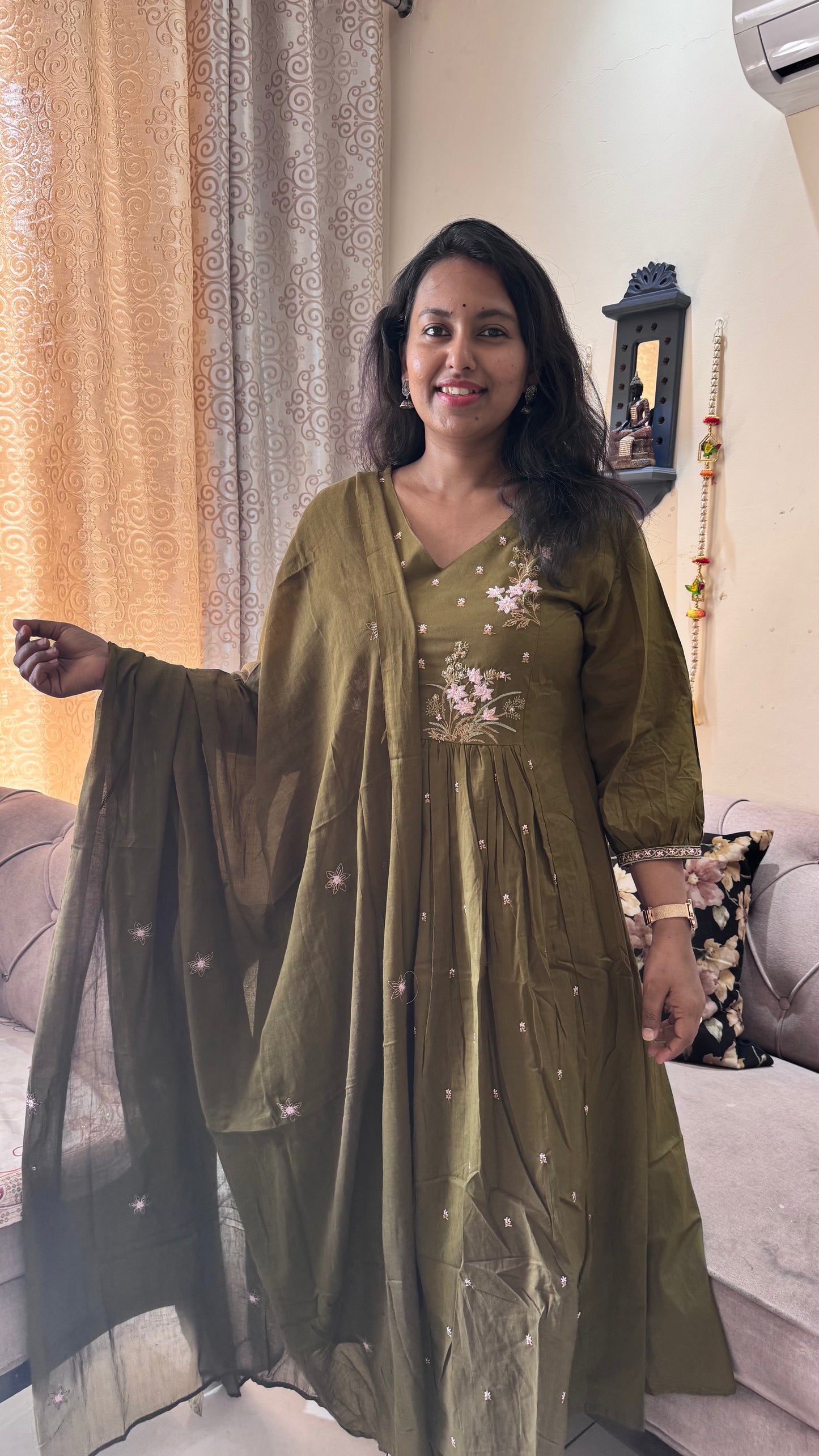 Green Floral Print Pure Cotton Suit Set with Embroidered Yoke