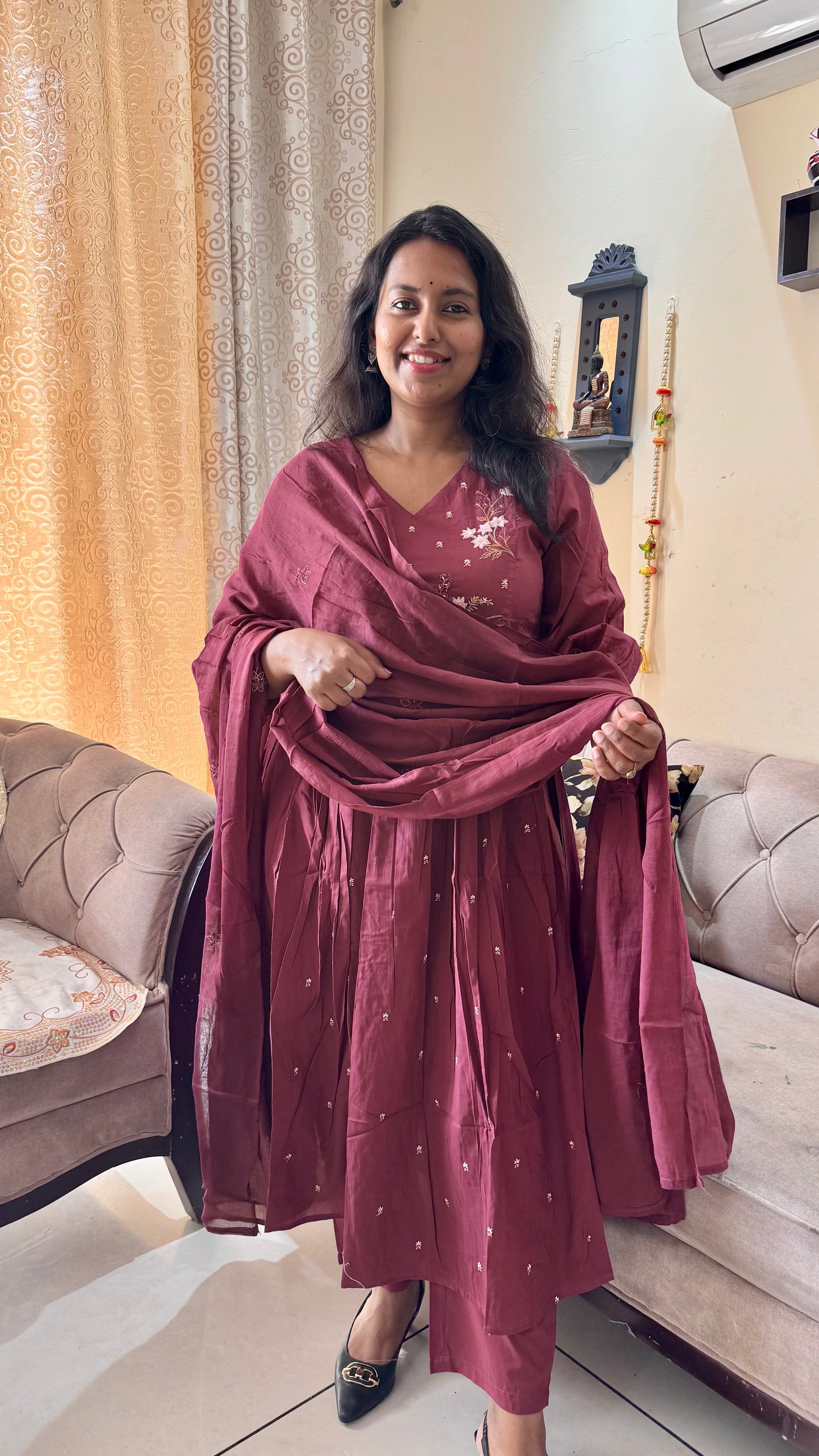 Maroon Floral Print Pure Cotton Suit Set with Embroidered Yoke