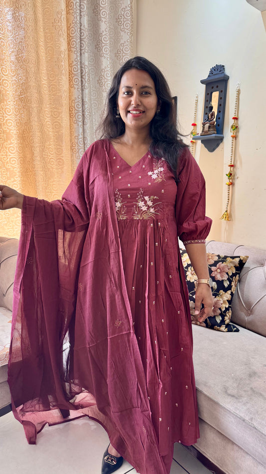 Maroon Floral Print Pure Cotton Suit Set with Embroidered Yoke