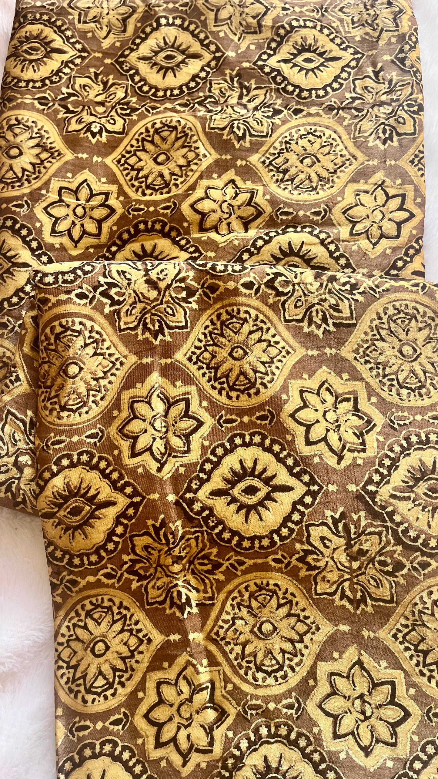 Beige Badaam Buti Jaali Ajrakh Mashru Silk fabric