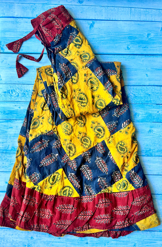 Blue and Yellow Long Flared  Ajrakh Pure Cotton Skirt